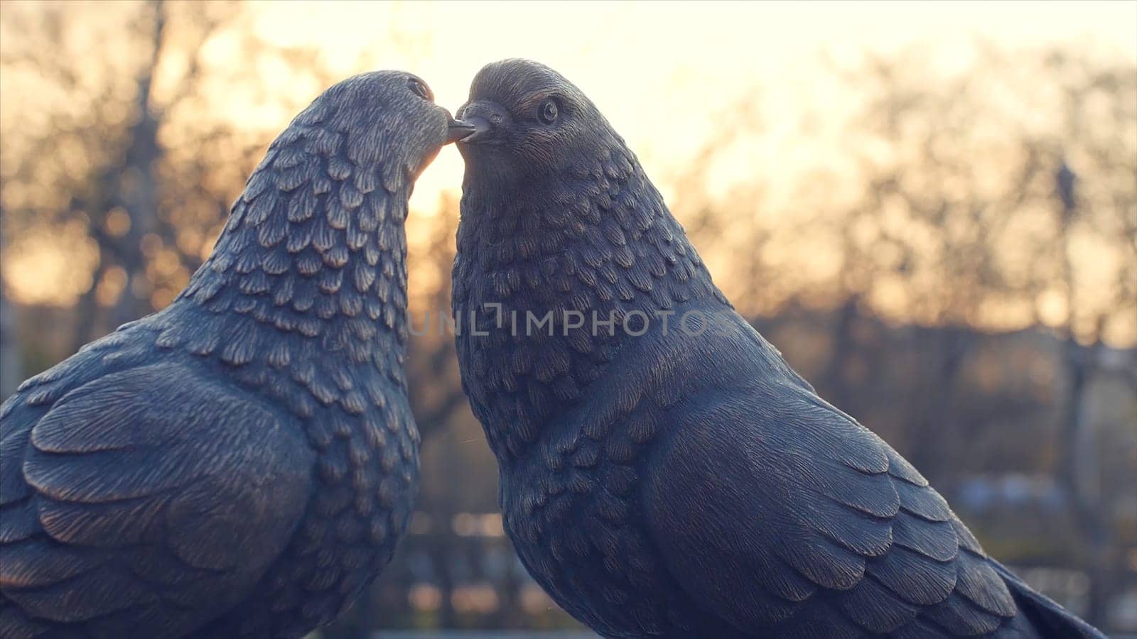 Pair of vintage white pigeon made of bronze and sun background. figurines pigeons made of metal. Two figurines of pigeons like a the monument of love. the monument of love made of bronze by Mediawhalestock