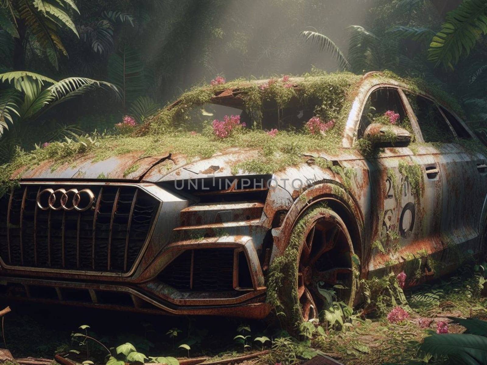 Abandoned rusty expensive atmospheric 4x4 suvas circulation banned for co2 emission 2030 agenda , severe damage, broken parts, plants overgrowth bloom flowers. ai generated