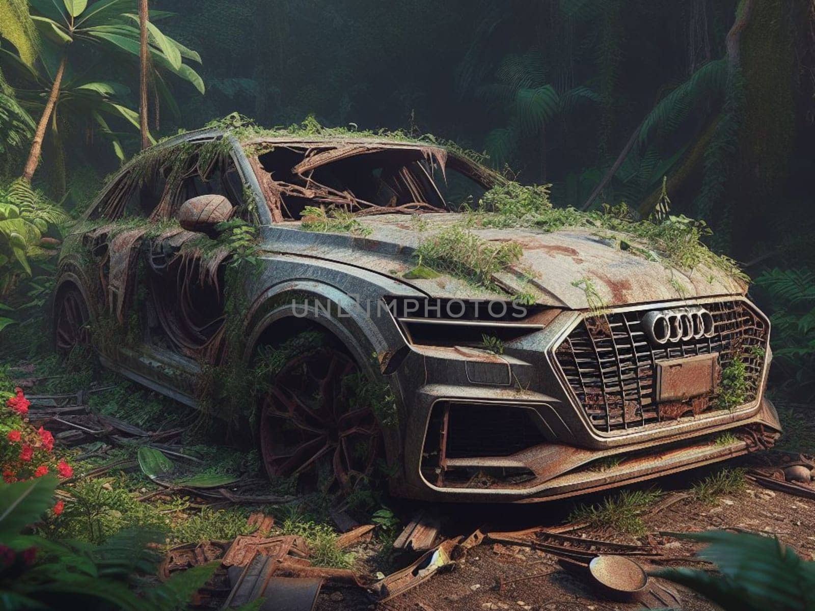 Abandoned rusty petrol luxury suv banned for co2 emission agenda, overgrowth plants bloom flowers by verbano