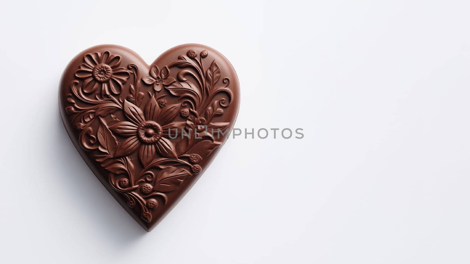 Gift with love for valentine's day heart shaped chocolate with flower ornament banner with empty space on white background. Generative AI,