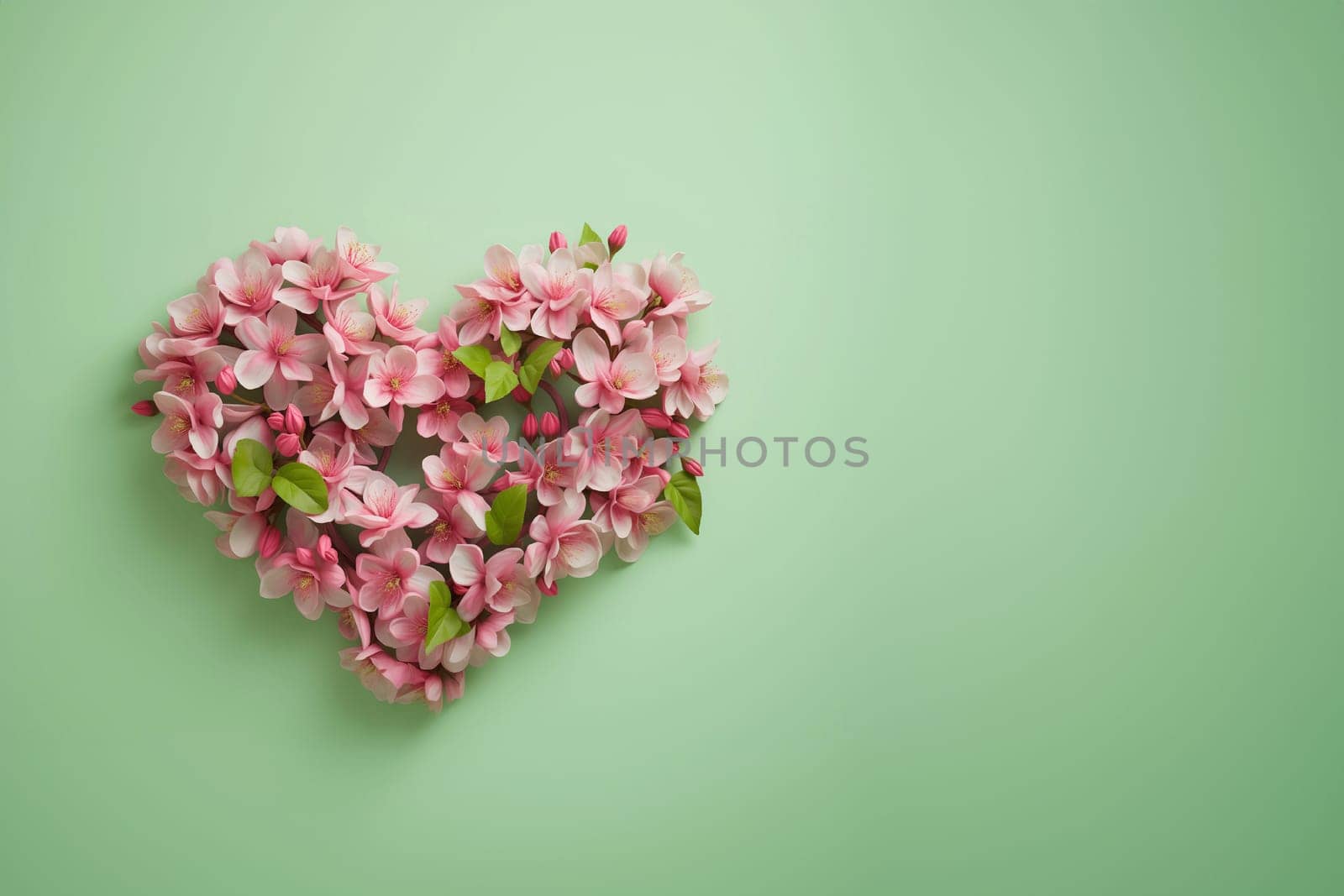 Gift with love for valentine's day heart shaped pink flowers banner postcard with empty space on green background. Generative AI.