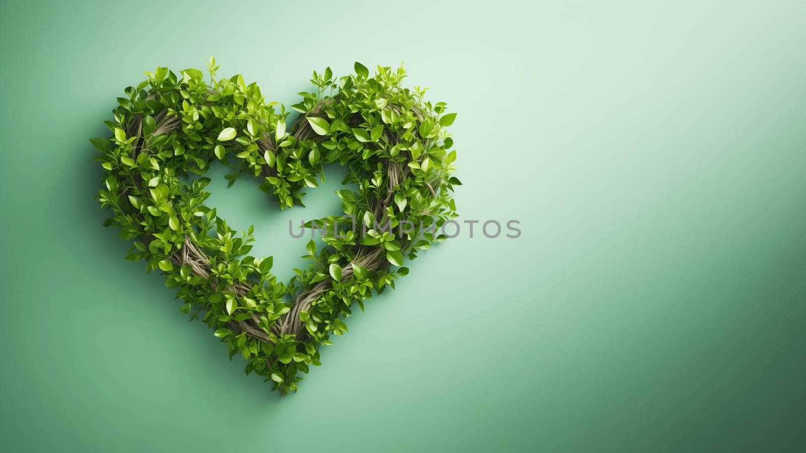 Valentine's day heart shaped natural tree branches with green fresh foliage banner postcard with empty space on green background. Generative AI.