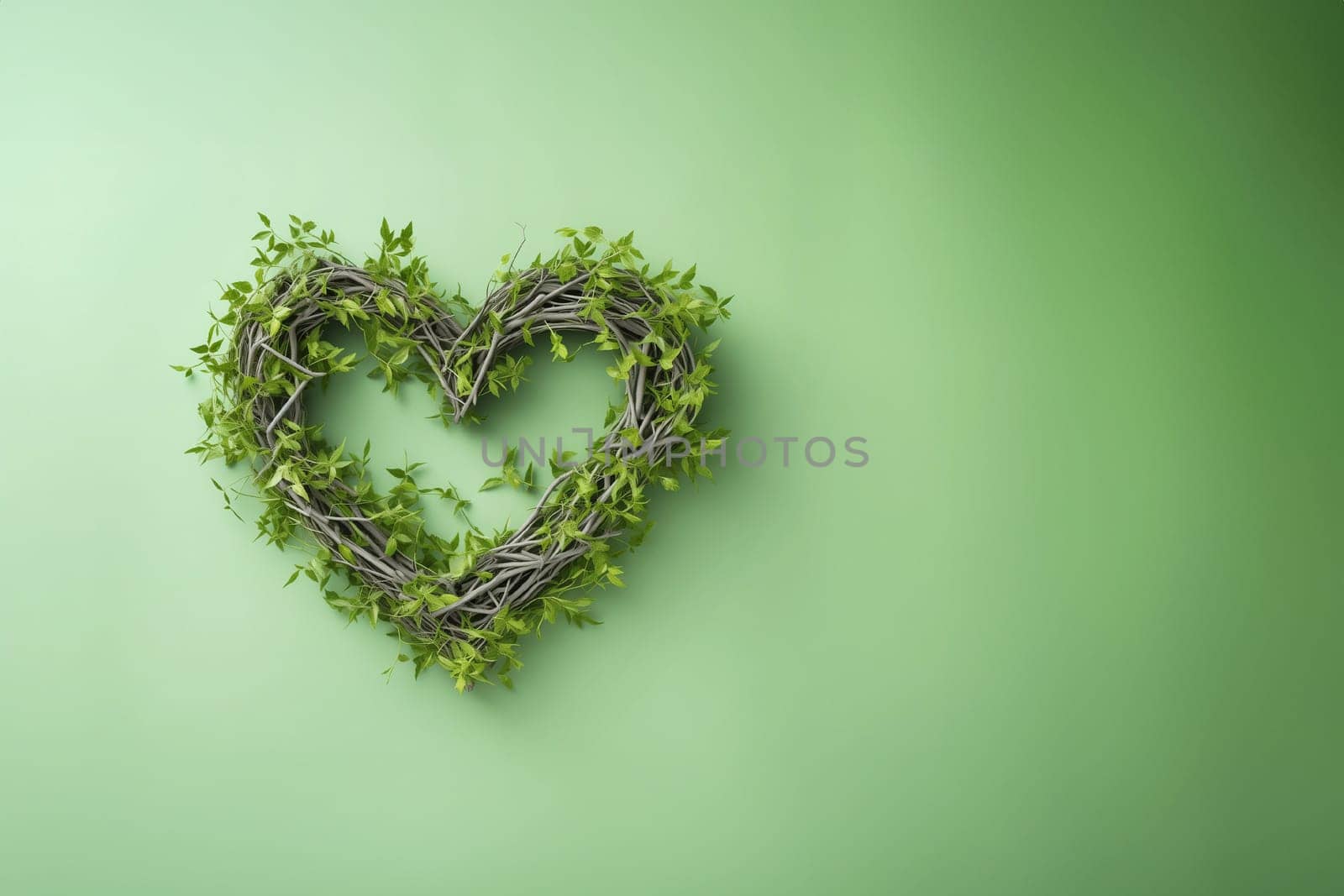 Valentine's day heart shaped natural tree branches with green fresh foliage banner postcard with empty space on green background. Generative AI.