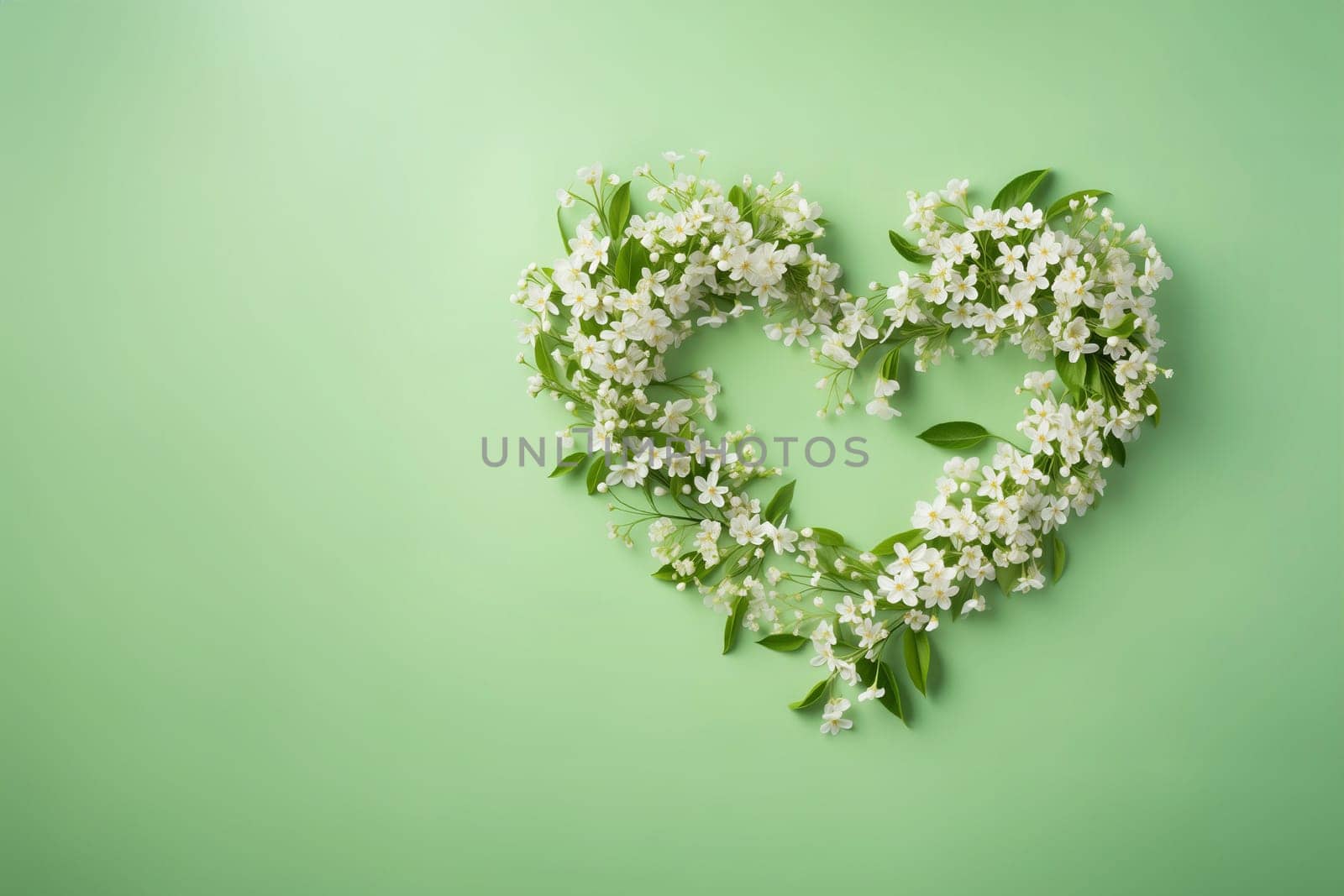 Valentine's day heart shaped natural tree branches with green fresh foliage and flowers banner postcard with empty space on green background. Generative AI.