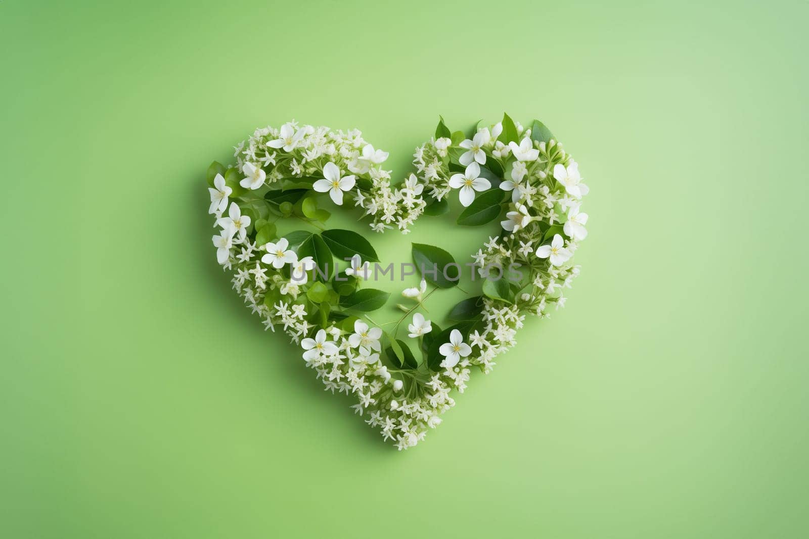Valentine's day heart shaped natural tree branches with green fresh foliage and flowers banner postcard with empty space on green background. Generative AI.