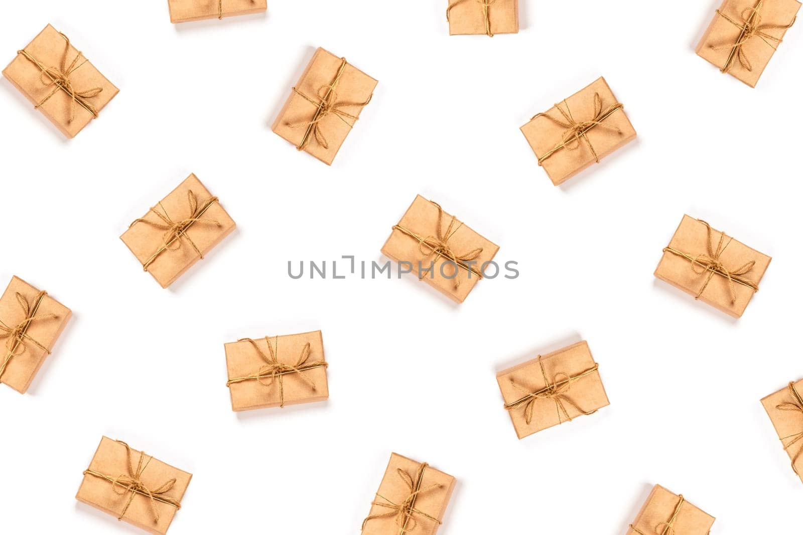 Pattern with Christmas gift boxes on isolated white background.