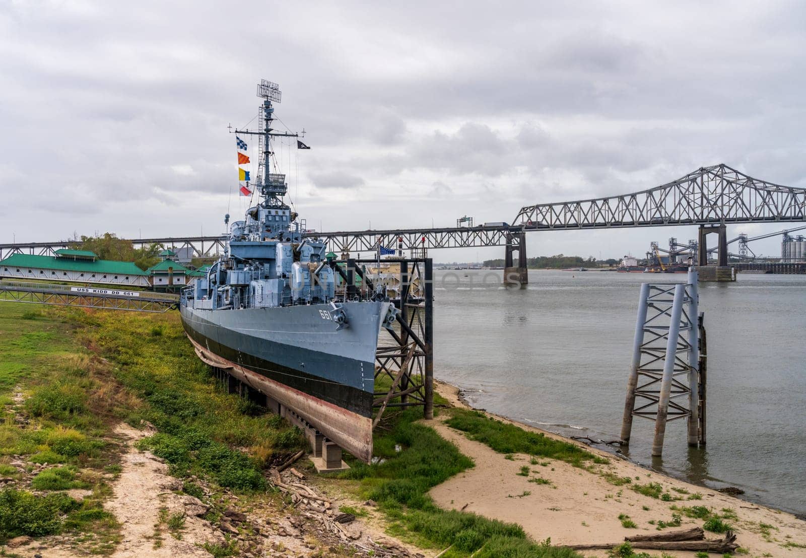USS Kidd warship beached on the river bank of the Mississippi in low water in Louisiana, LA
