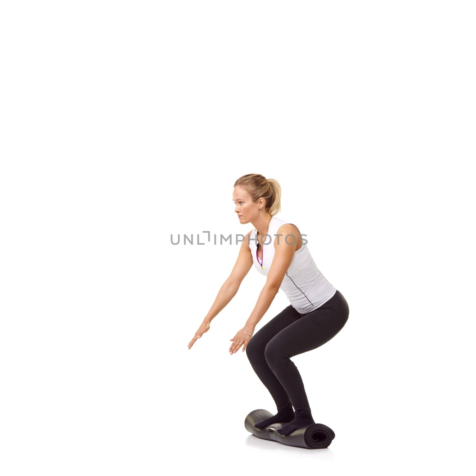 Woman, exercise and mat in studio for workout, pilates or fitness for healthy body, wellness or balance. Person, face and yoga in sportswear for physical activity on mock up space or white background.