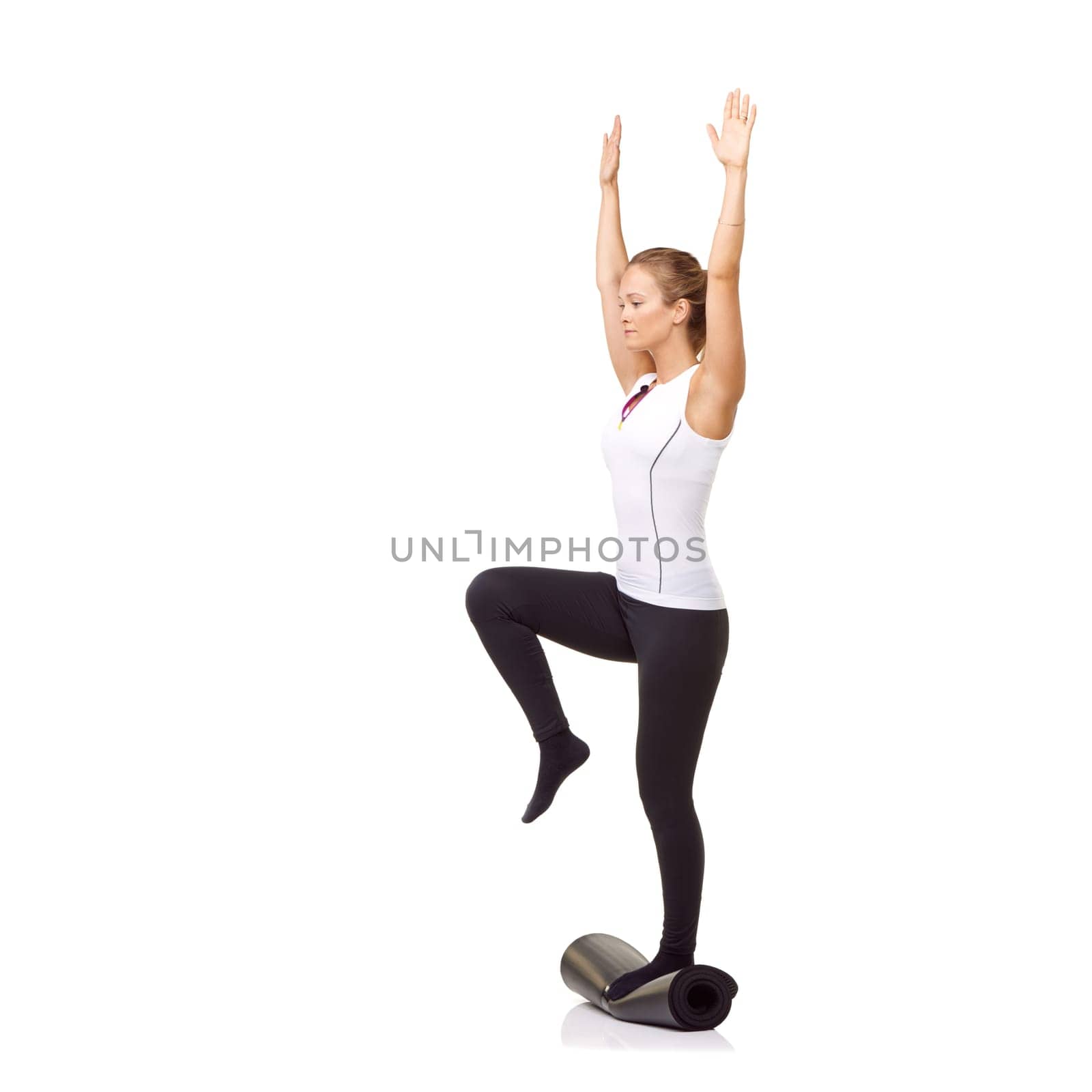 Woman, exercise and mat in studio for balance, pilates or workout for healthy body, wellness or fitness. Person, face and yoga or stretching for physical activity on mock up space or white background.