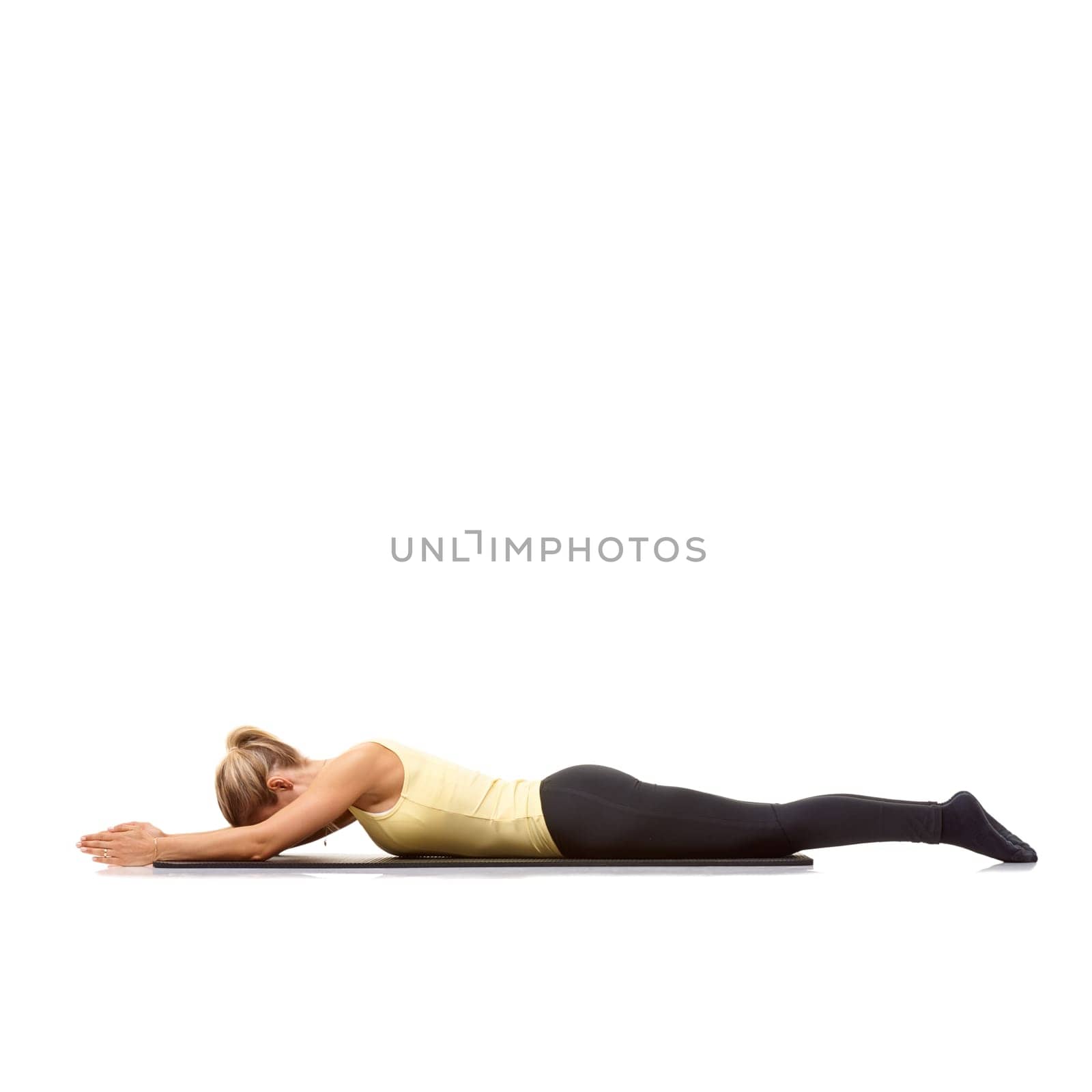 Woman, pilates and mat in studio for stretching, yoga or workout for healthy body, wellness or core muscle. Person, exercise or fitness on floor for abdomen health on mockup space or white background.