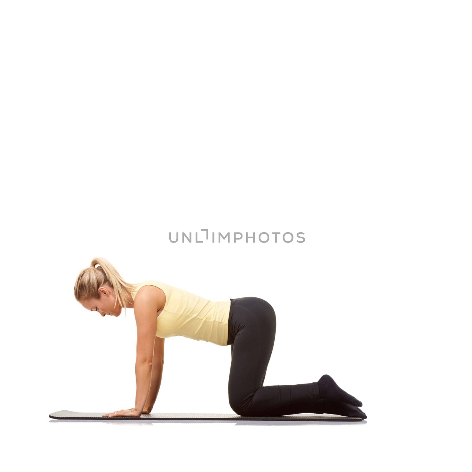 Woman, yoga and mat in studio for cat, pilates or workout for healthy body, wellness and core muscle. Person, exercise and fitness on floor for abdomen health on mockup space and white background.