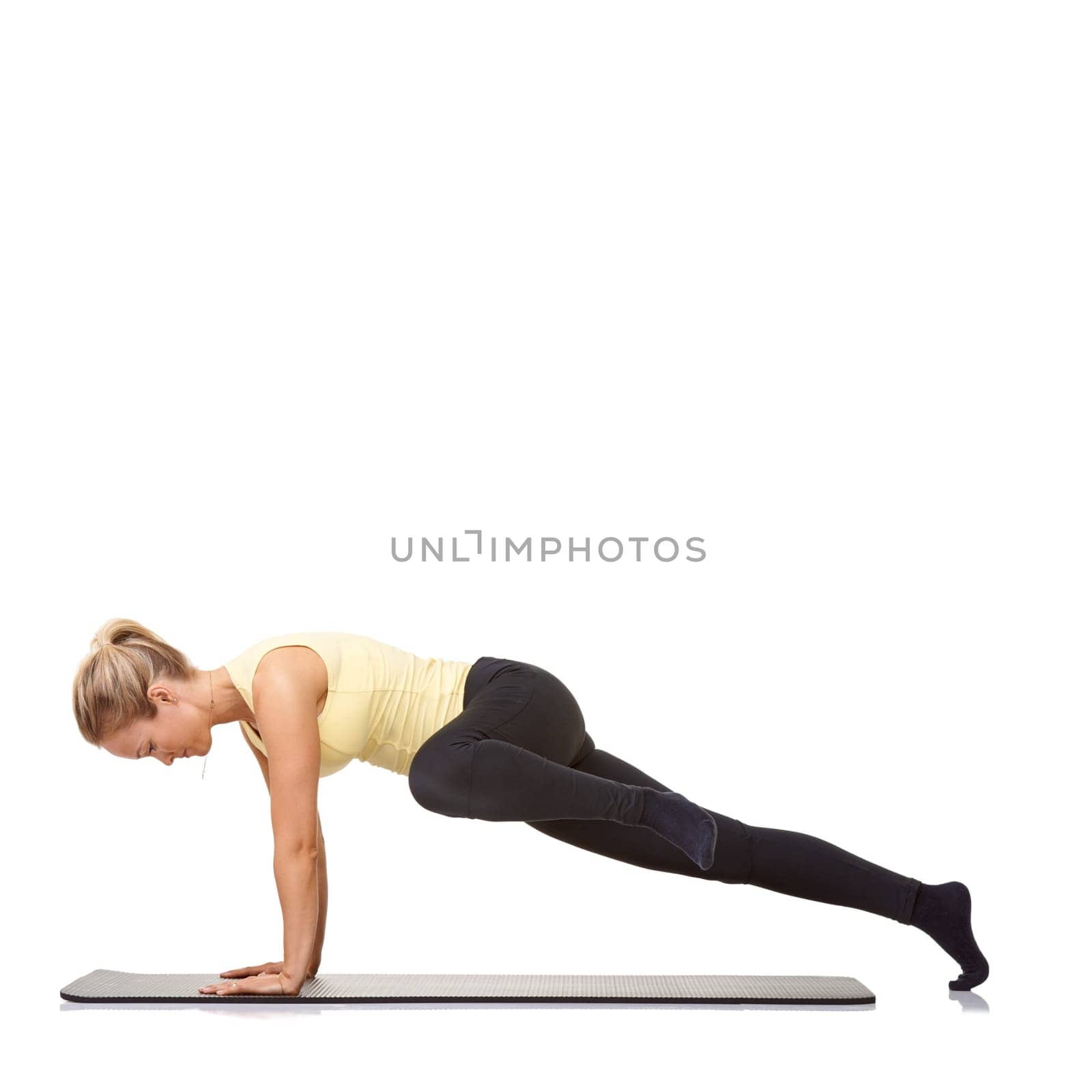 Woman, pilates and mat in studio for push ups, fitness or workout for healthy body, wellness or core muscle. Person, exercise or yoga on floor for abdomen health on mockup space or white background.