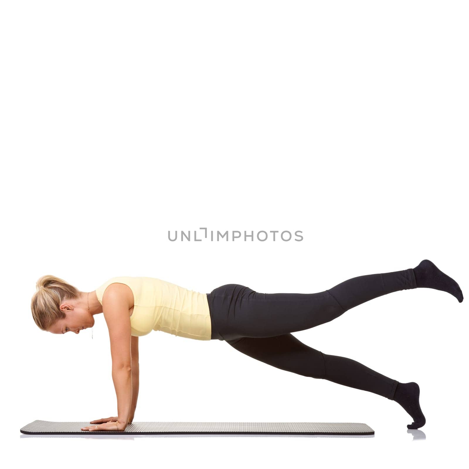 Woman, plank and mat in studio for stretching, pilates or workout for healthy body, wellness or core muscle. Person, exercise or yoga on floor for abdomen health on mockup space or white background.
