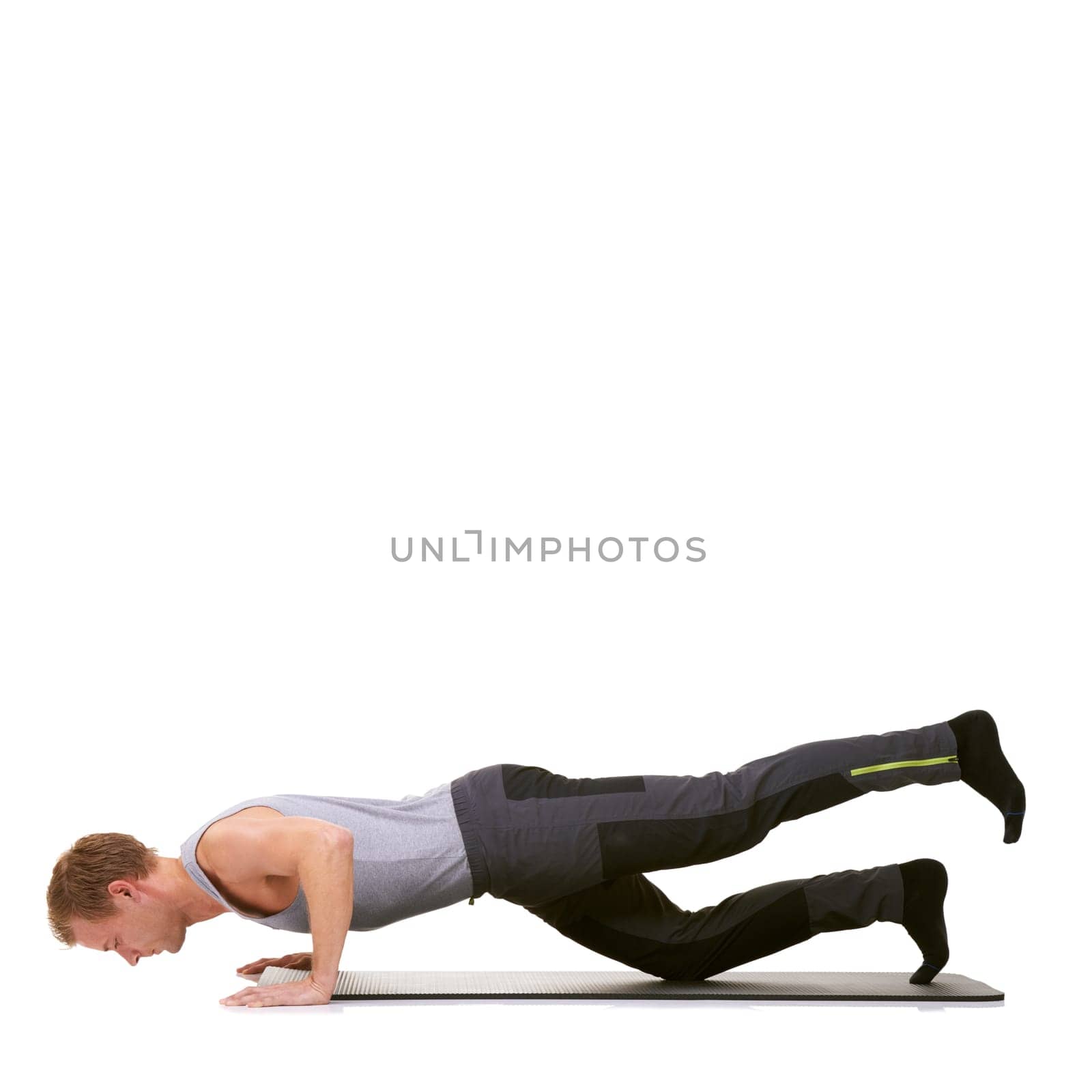Man, pilates and mat in studio for push ups, fitness or workout for healthy body, wellness or core muscle. Person, exercise or yoga on floor for abdomen health on mockup space or white background.