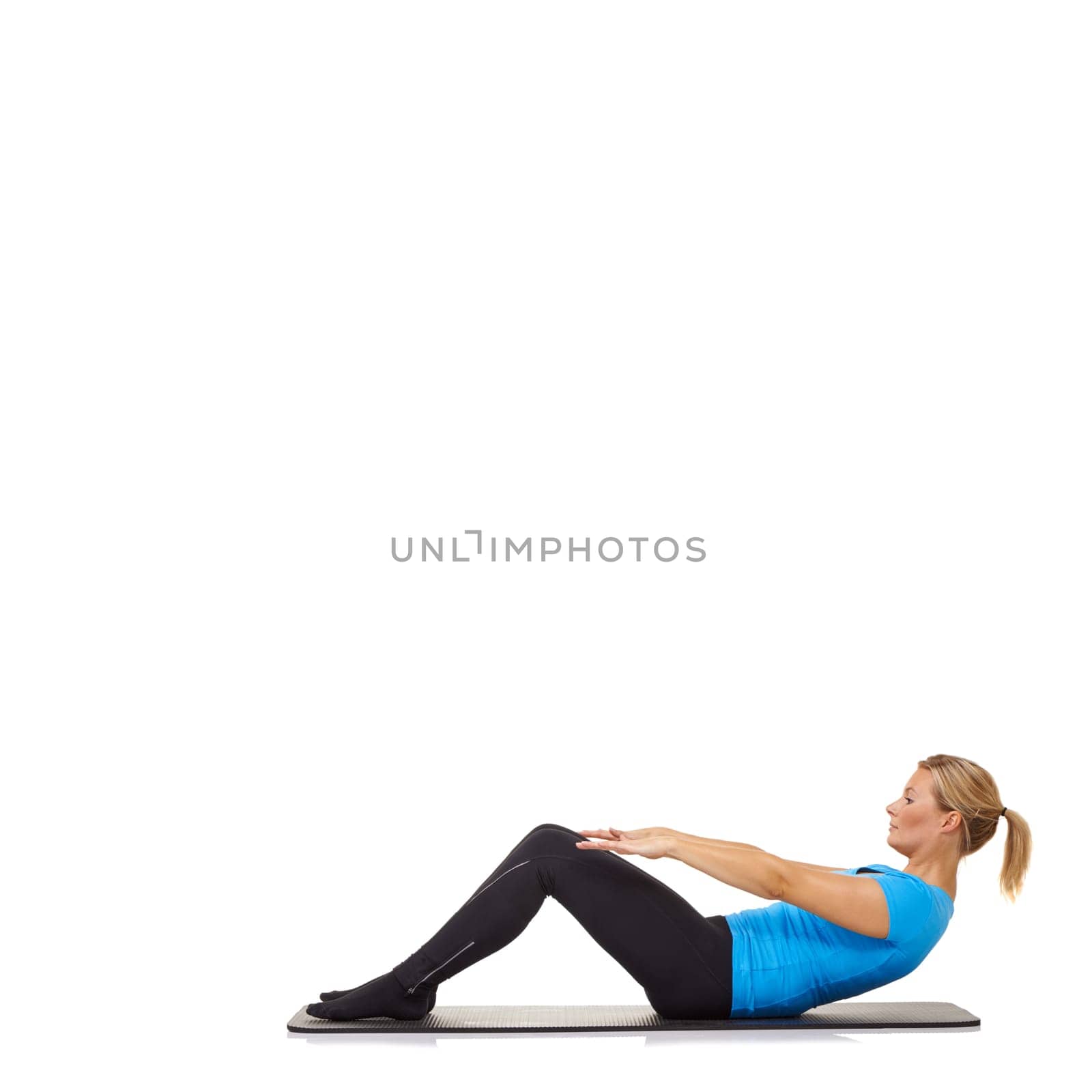 Woman, crunches or mat in studio for fitness, stretching or workout for healthy body, wellness or core muscle. Person, exercise or yoga on floor for abdomen health on mockup space or white background by YuriArcurs