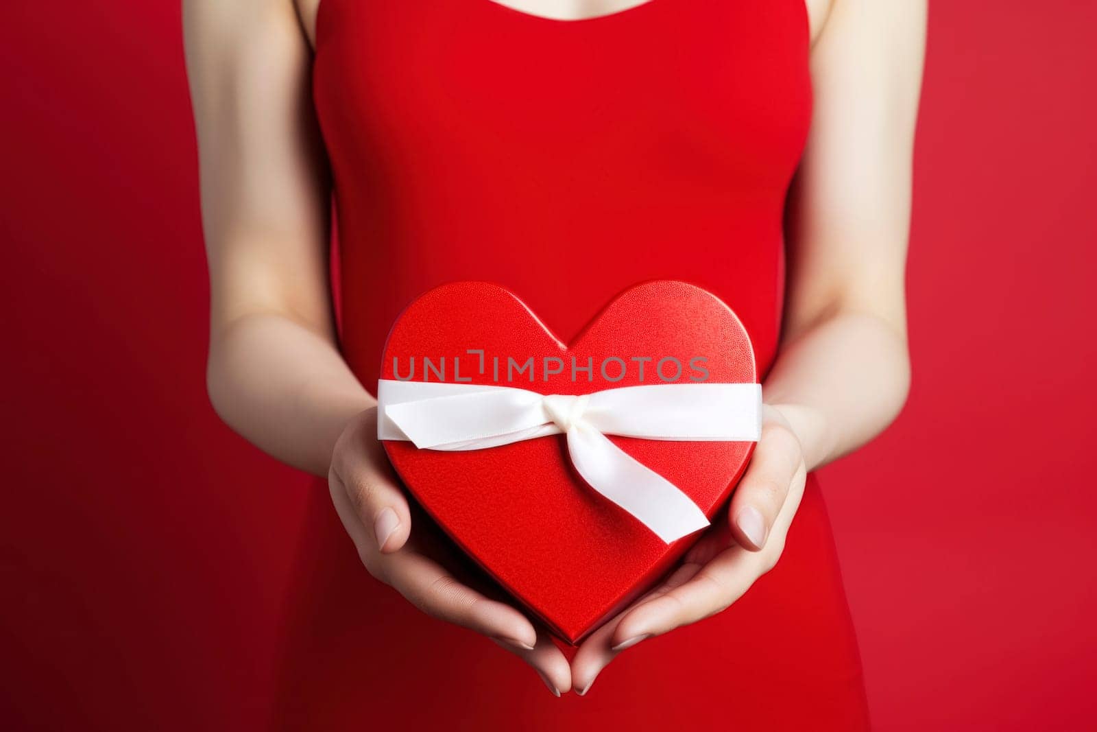 Woman's hands with a heart-shaped gift box against a red backdrop by andreyz
