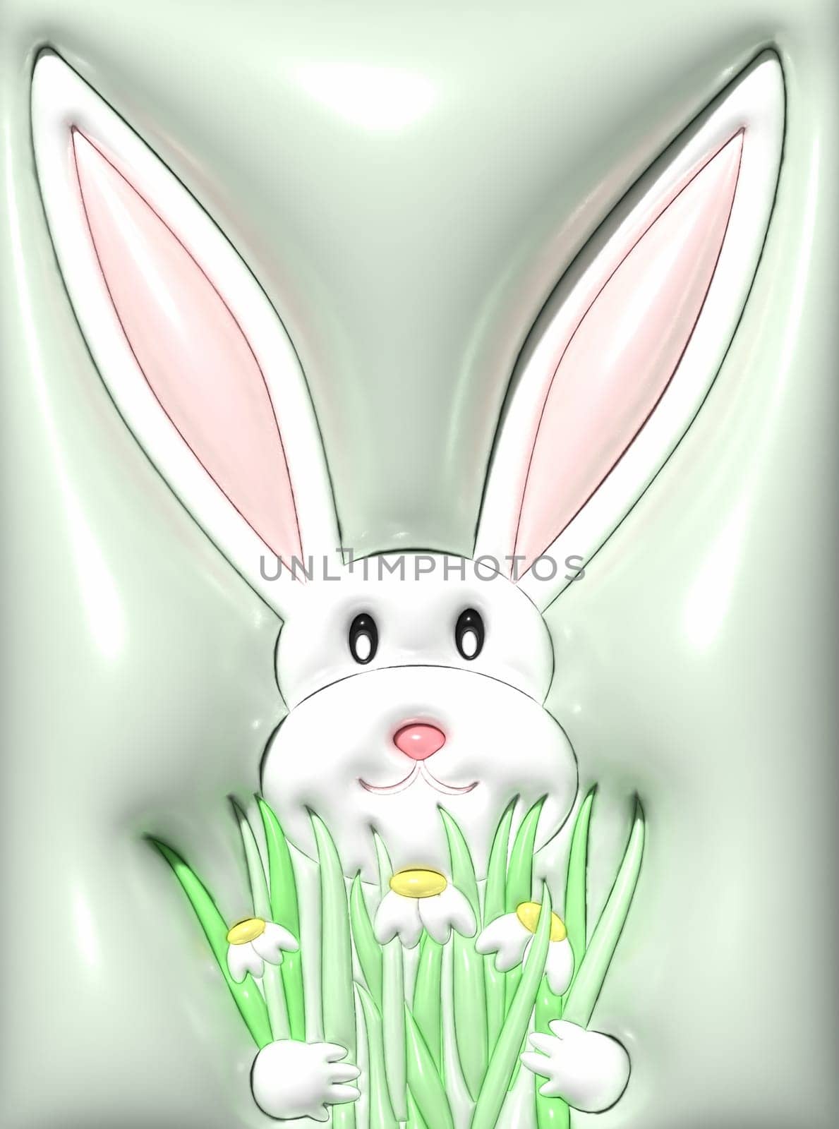 A rabbit with long ears holds a bouquet of flowers, 3D rendering illustration by ndanko
