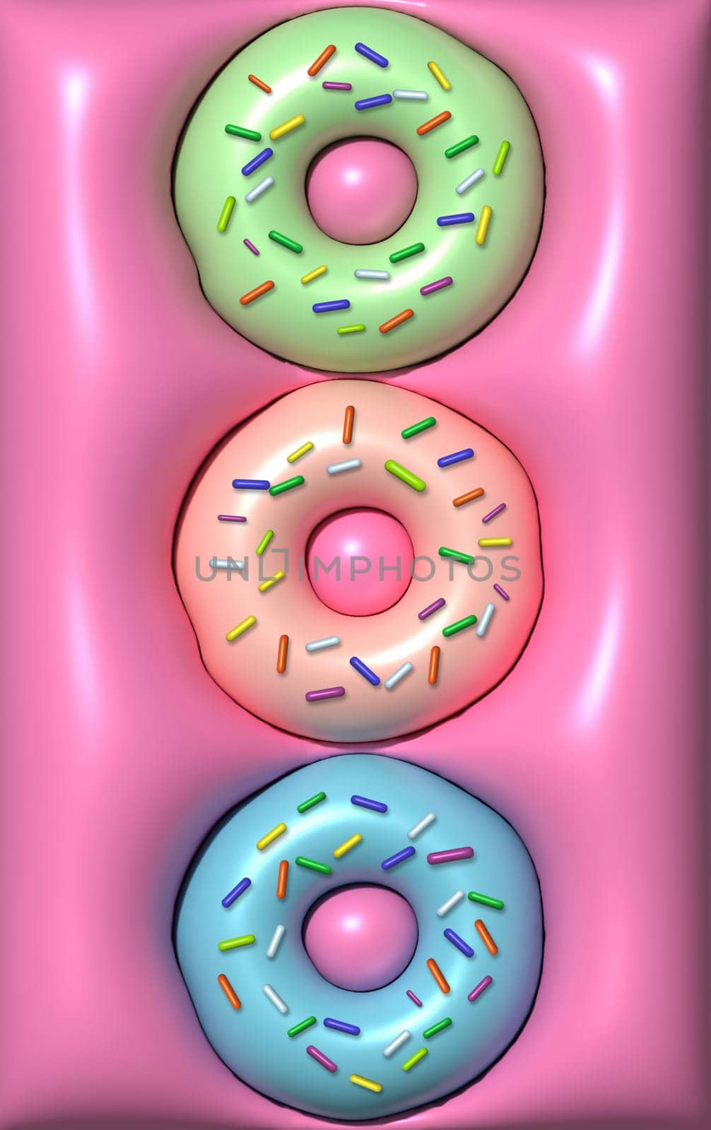 Donuts with colorful sugar sprinkles on a pink background, 3D rendering illustration