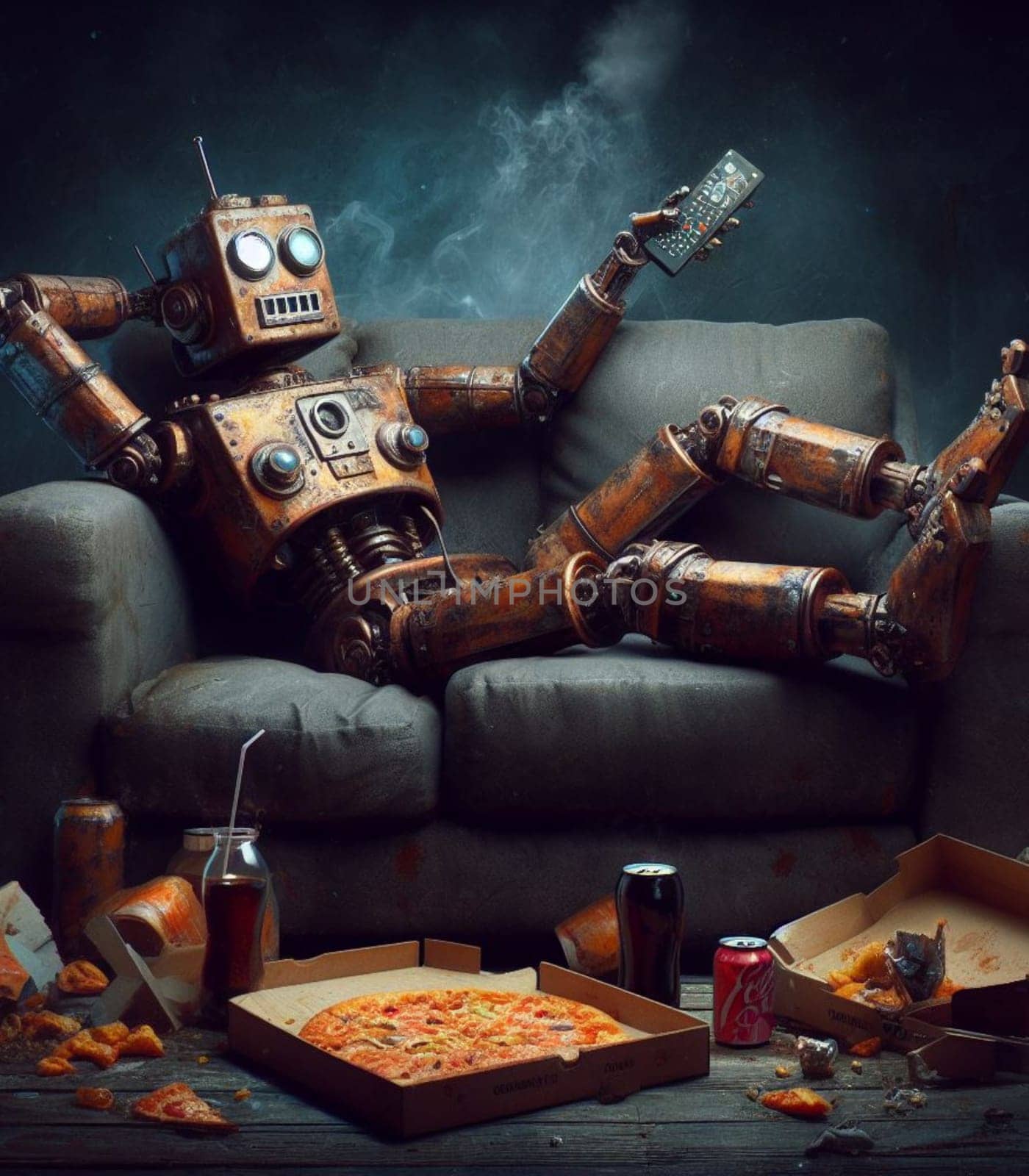 lazy robot lying in sofa after eating junk food ai generated