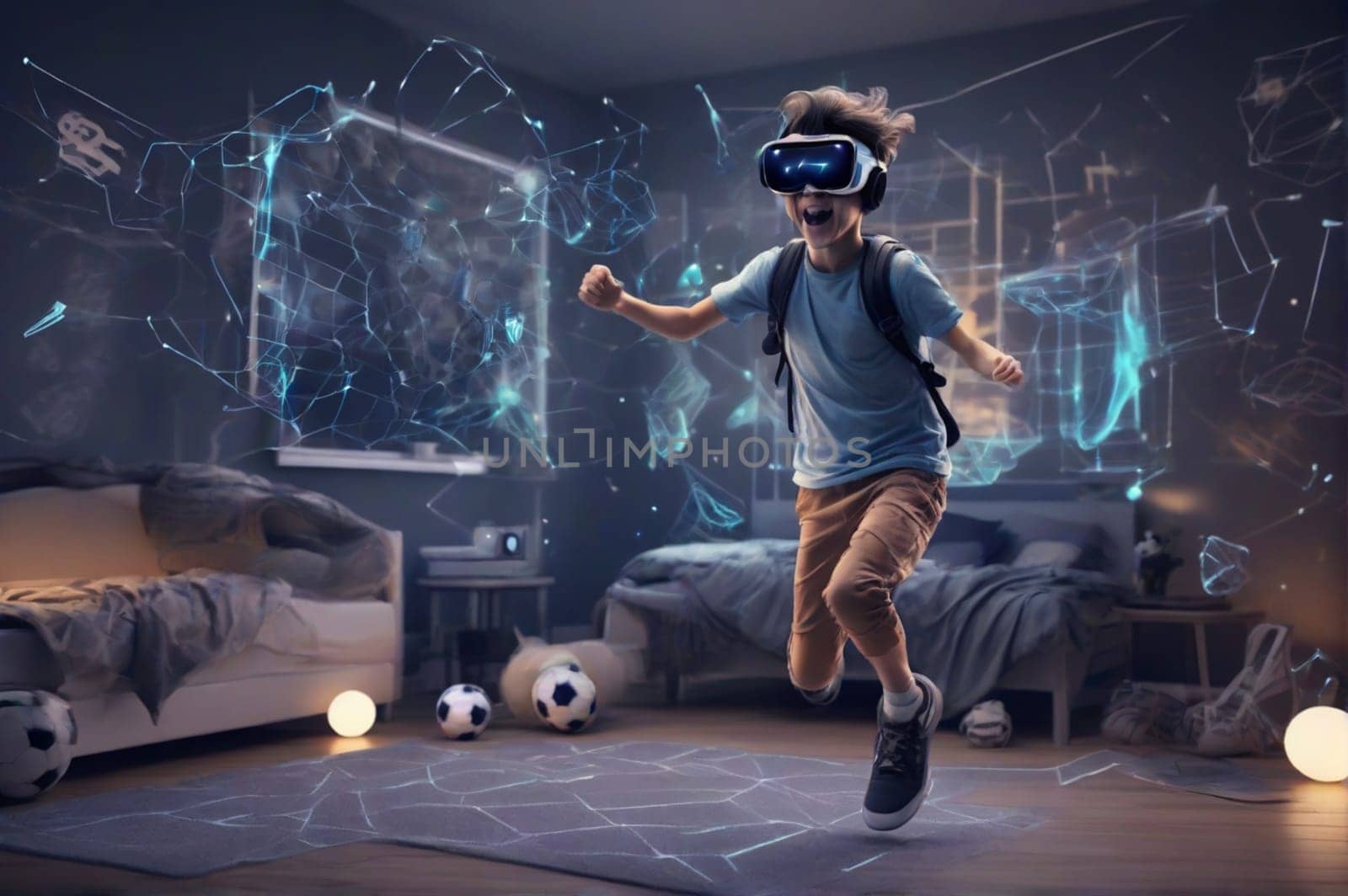 teenager at home play virtual online game in metaverse wear googles use joystick remote control by verbano