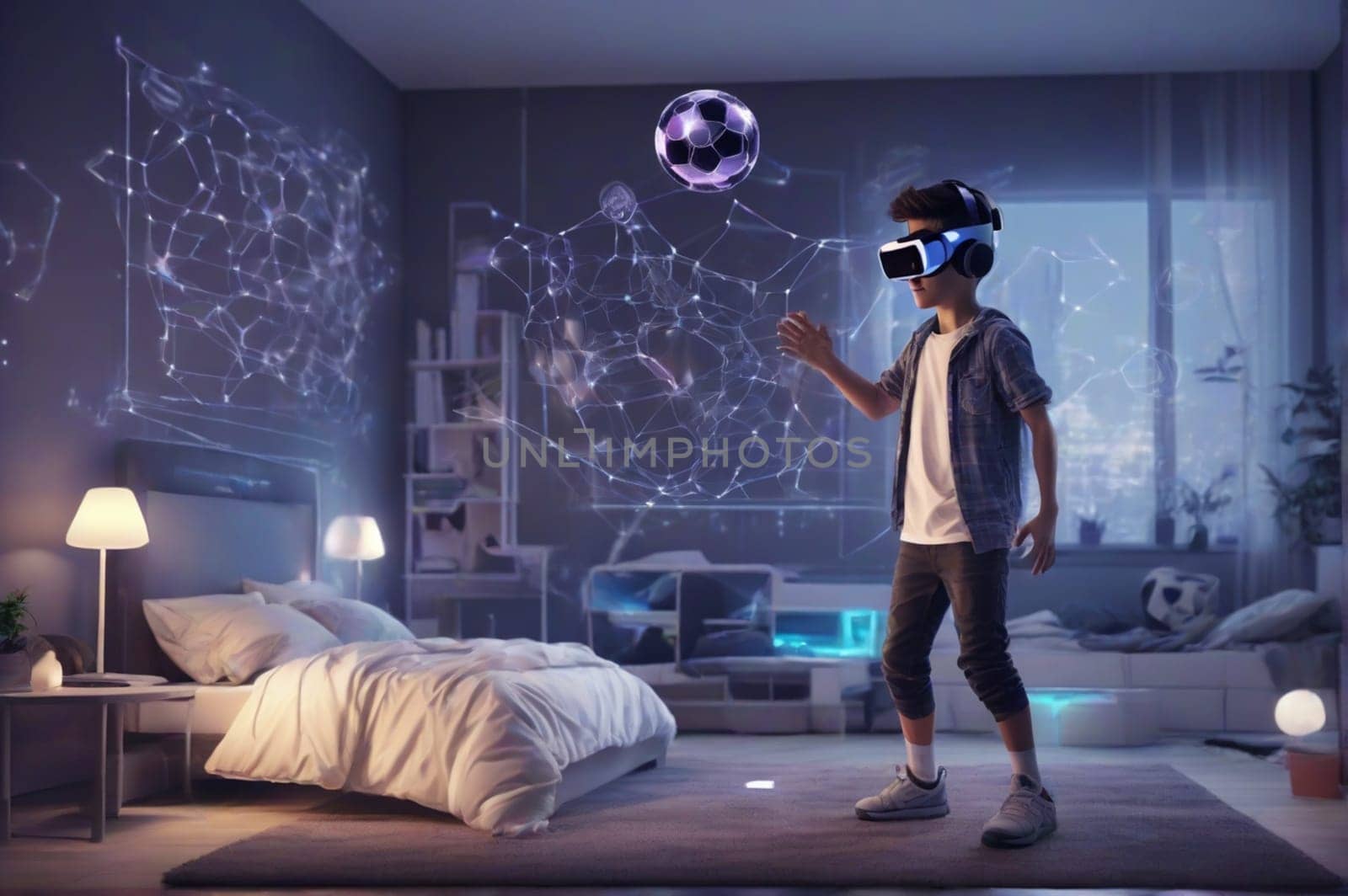 teenager at home play virtual online game in metaverse wear googles use joystick remote control ai generated