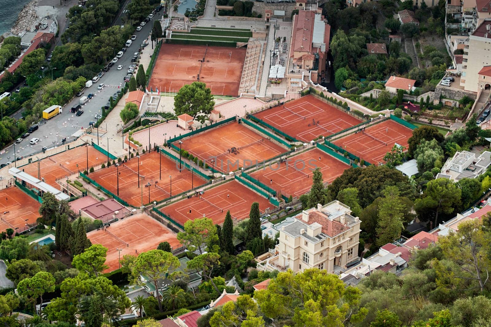 Monaco, Monte Carlo, 30 September 2022 - empty tennis courts of country club, courts where Rolex games are held, Cote d'Azur. High quality photo