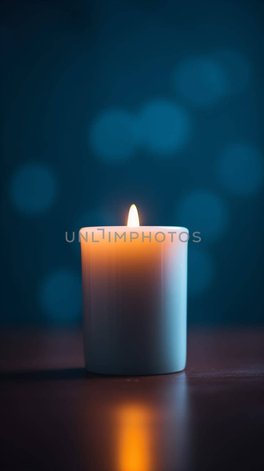 A lit candle with a flame against blue background with defocused lights by chrisroll