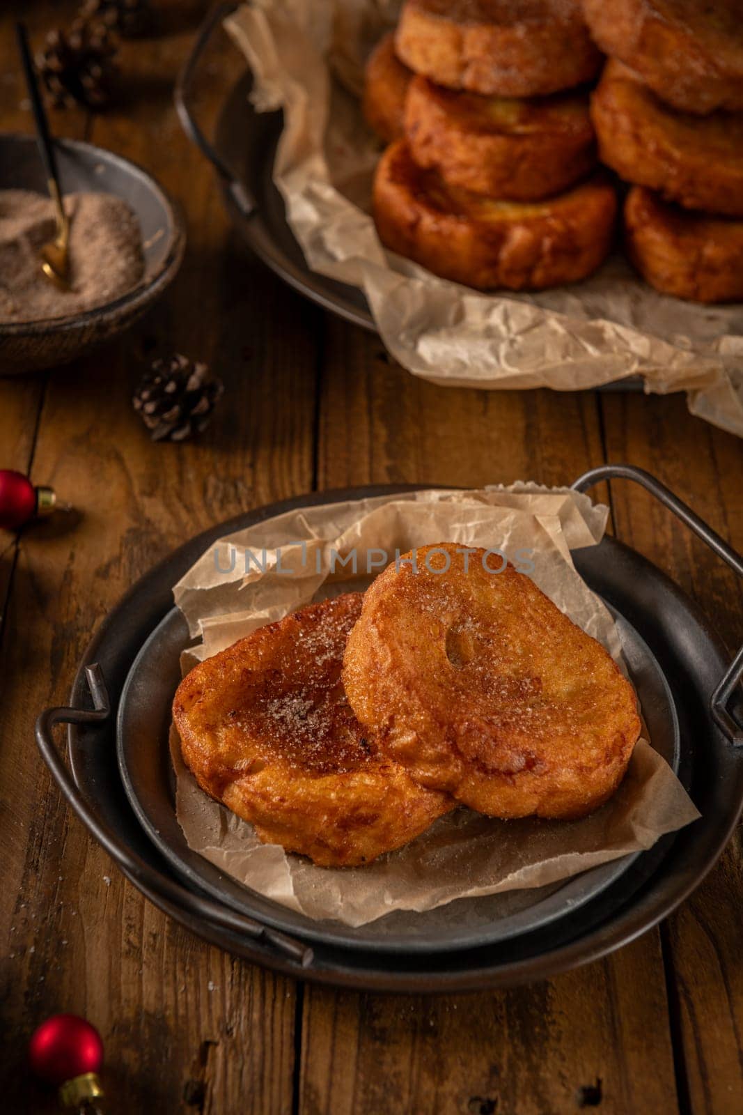 Traditional Portuguese Christmas Rabanadas. Spanish Torrijas on kitchen countertop.