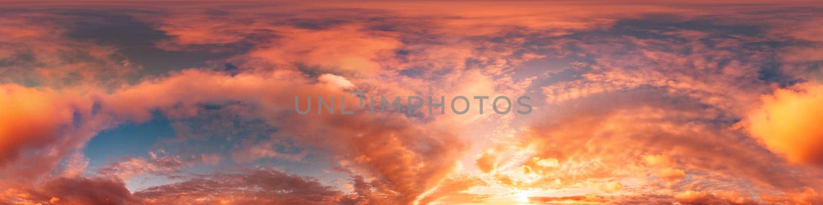 Bright sunset sky panorama with Cirrus clouds. Seamless hdr spherical equirectangular 360 panorama. Sky dome or zenith for 3D visualization, game and sky replacement for aerial drone 360 panoramas.