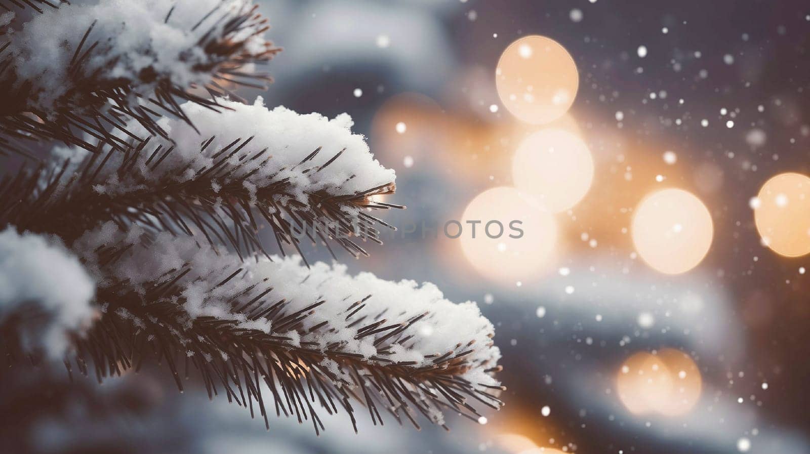 Fir branches in the snow close-up with bokeh. Christmas background with place for your text. High quality photo