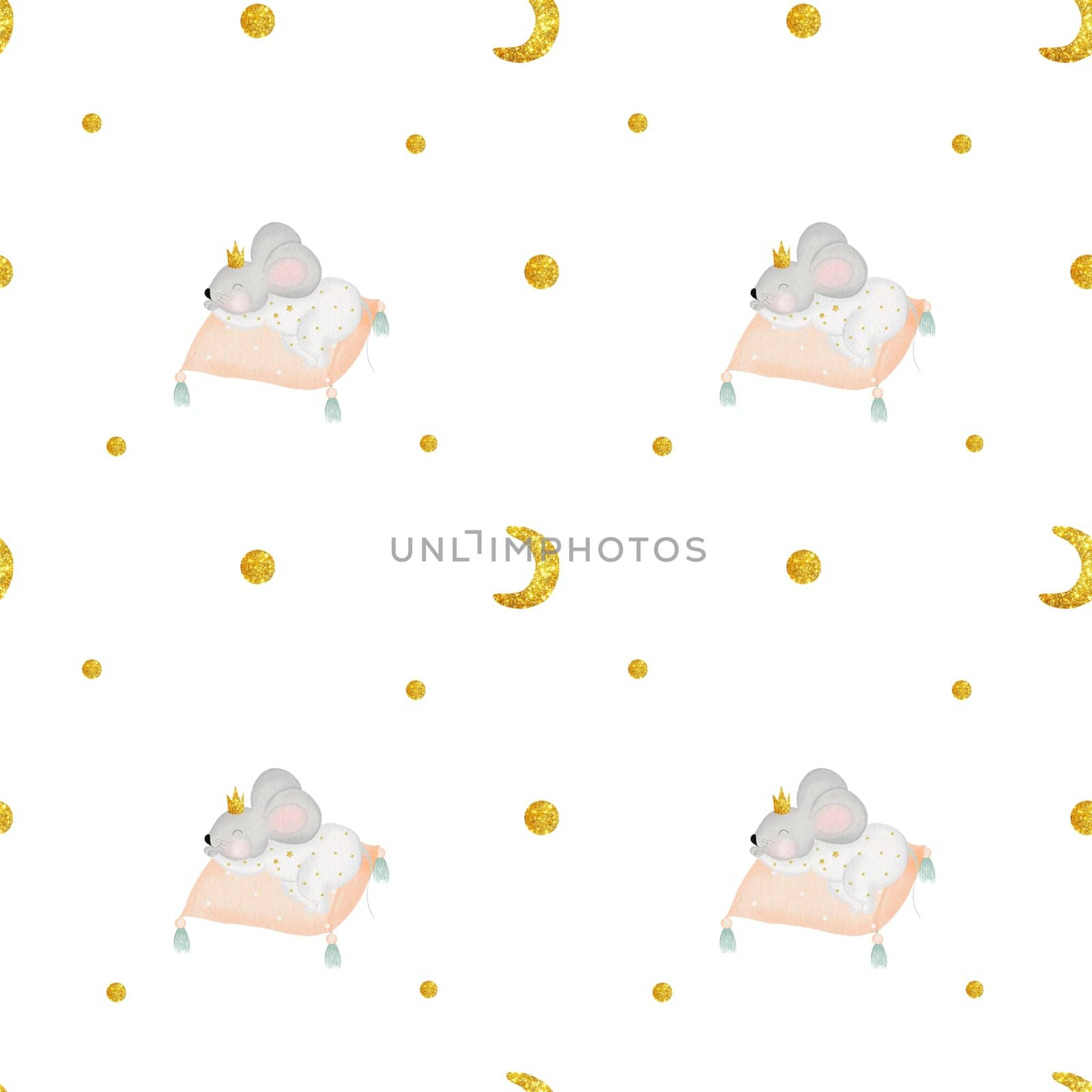 Cute seamless watercolor pattern of a mouse sleeping on a pillow. Kawaii drawing of a baby for printing on children's textiles and cozy bedding. In 2024 color of the year Peach Fuzz