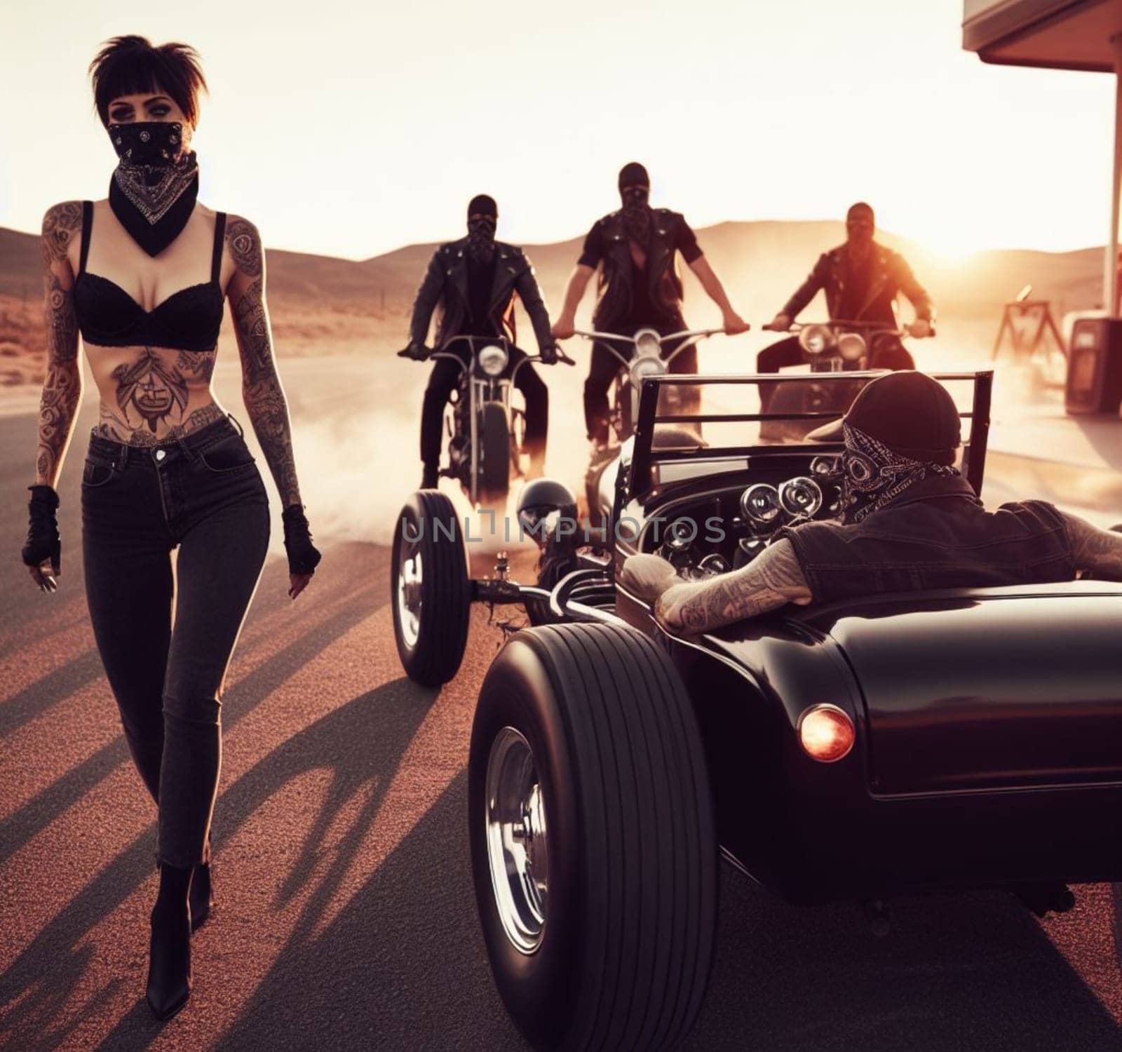 pinup girl, hipster vandals gang wear jeans, leather, drive steampunk hotrods, bikes, on the road by verbano