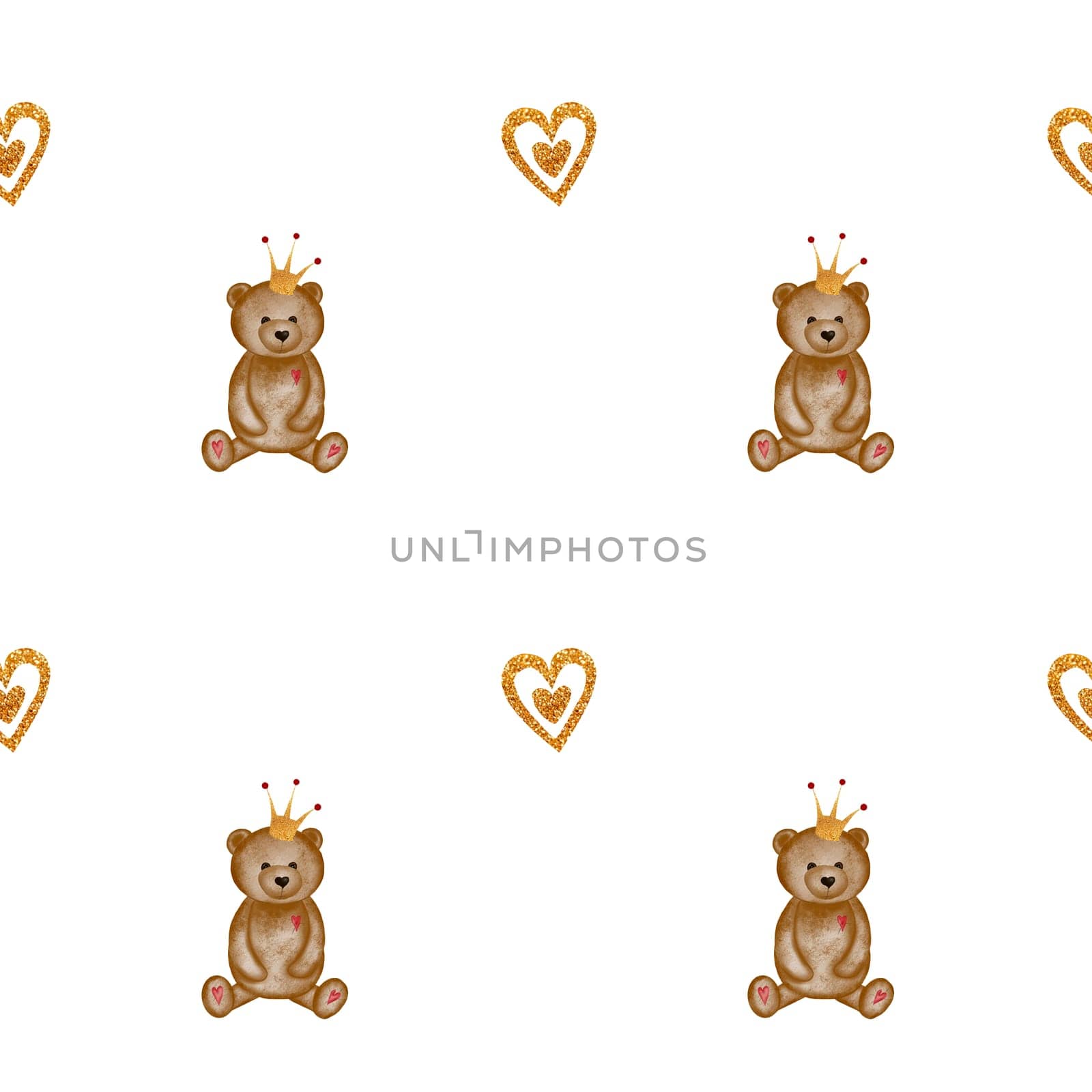 Watercolor pattern vintage cute bear with a gold crown and with hearts. Adoreable illustration of Teddy Bear for printing on children's textiles and wrapping paper. High quality illustration