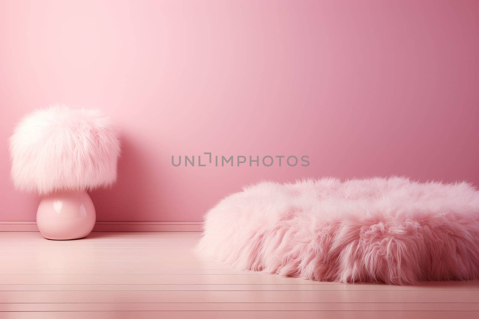The interior of the room is pink with fluffy furniture. Children's, women's interior.