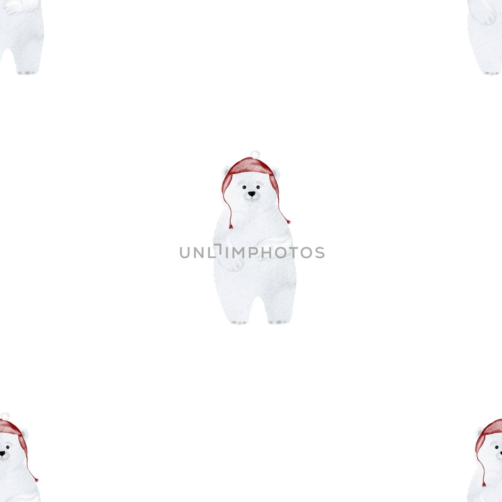 Watercolor seamless pattern of a cute white bear in a red hat. Pretty pattern for printing on children's textiles and wrapping paper. High quality illustration