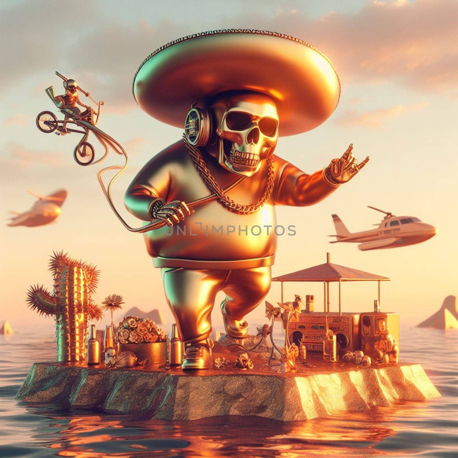 steampunk skater fashionable cool deejay alien mariachi hosting party in tropical island at sunset by verbano