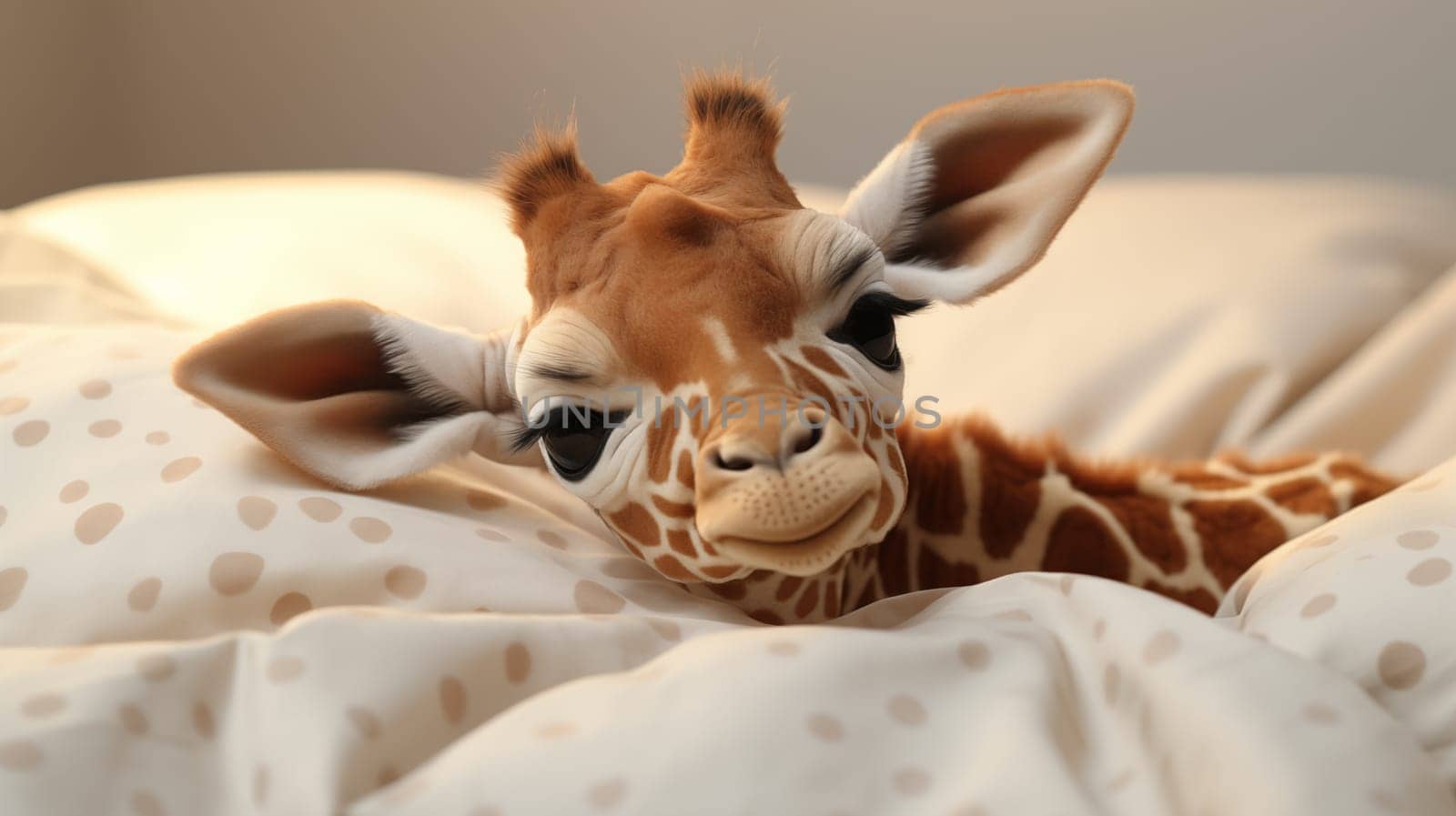 Adorable baby giraffe , lying in white soft bed, in day light.