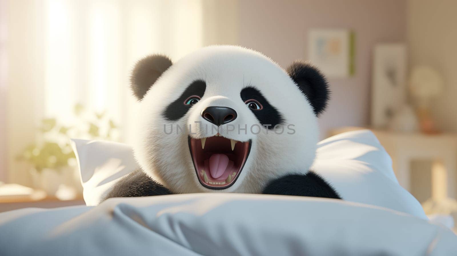 Funny happy panda, lie in a white bed, in the morning light, in front of the window.