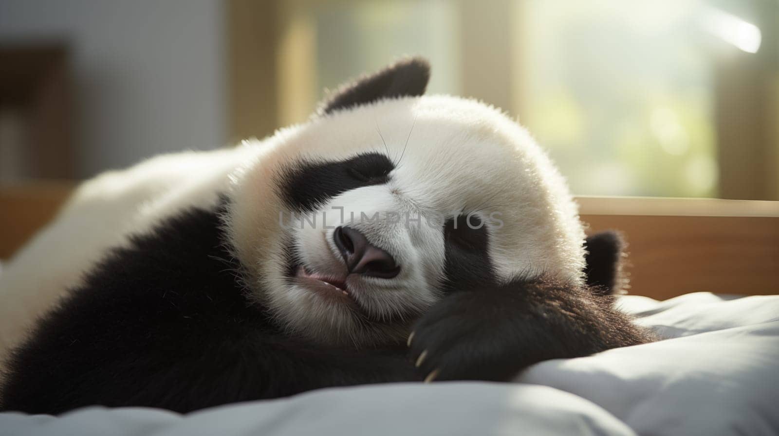 Cute happy panda, sleeping in a white crib, in the morning light, in front of the window, at summer.