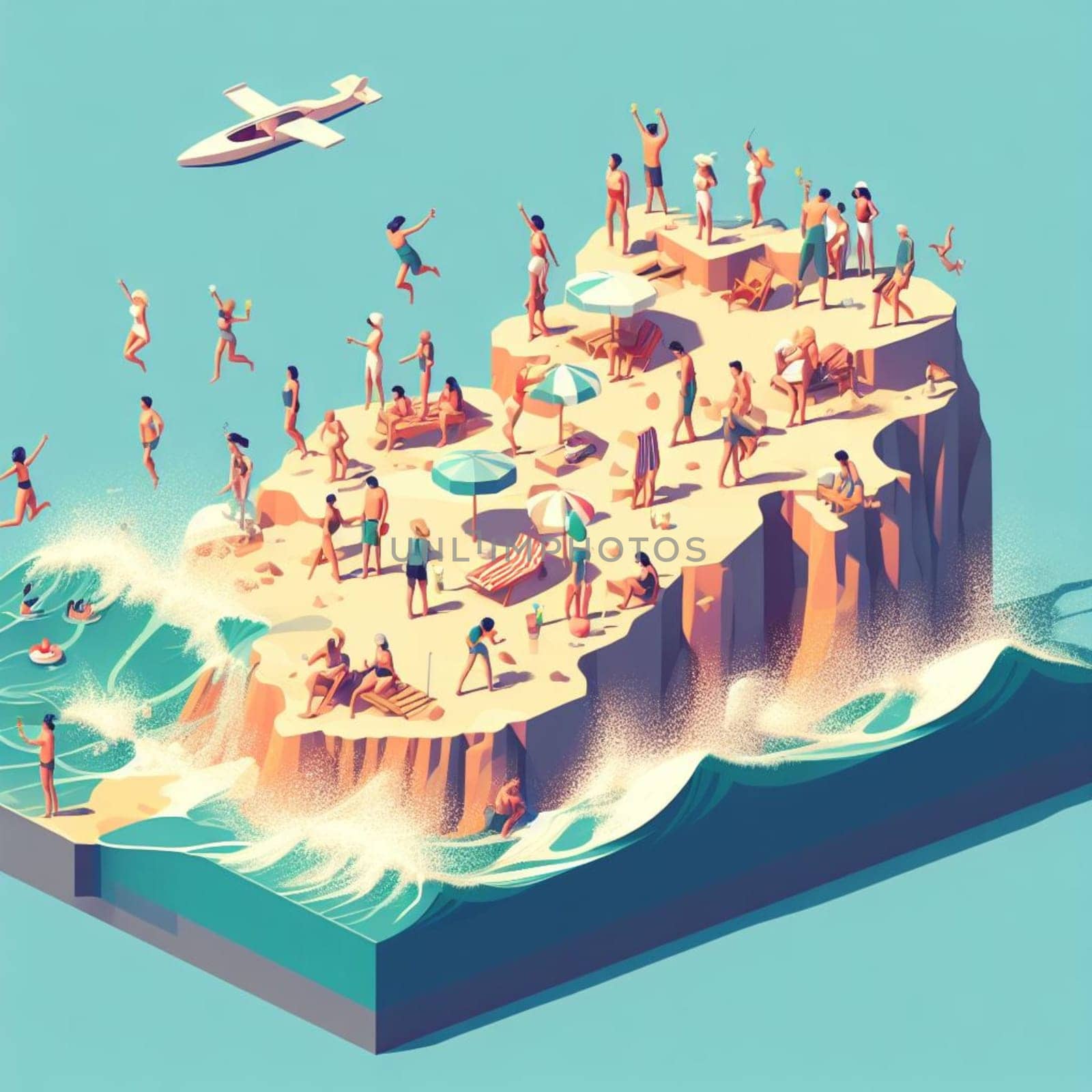 people having fun in the beach, isometric view, sea waves, 3d illustration generative ai art