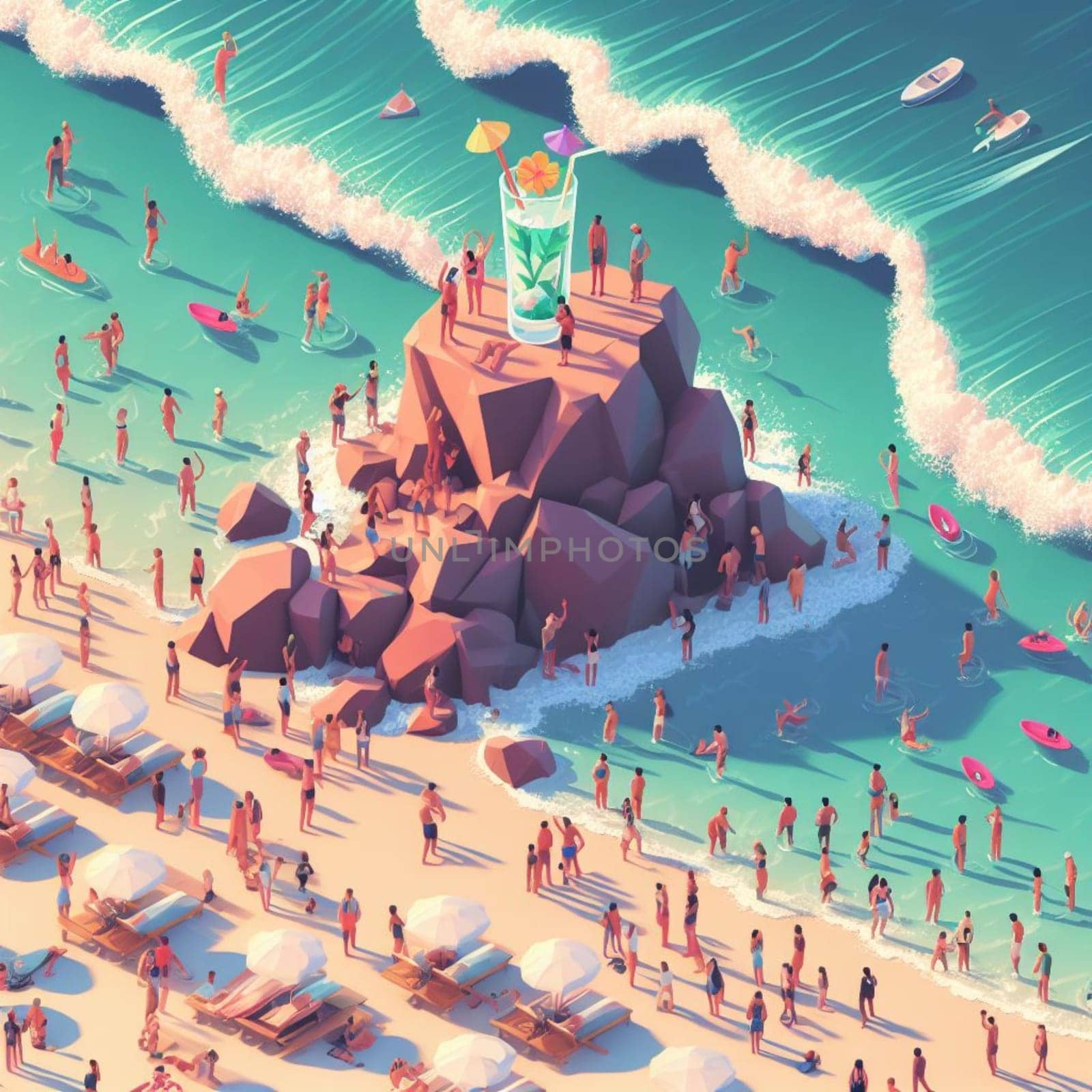 people having fun in the beach, isometric view, sea waves, 3d illustration generative ai art