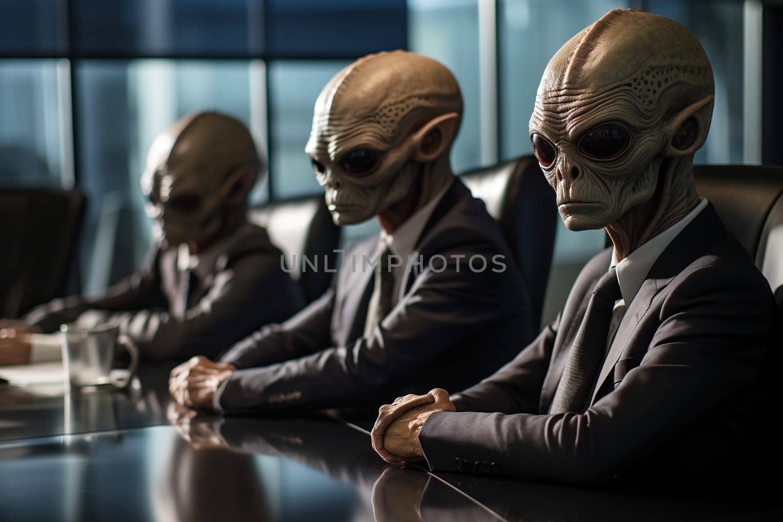 Aliens in business suits are sitting at the negotiating table.