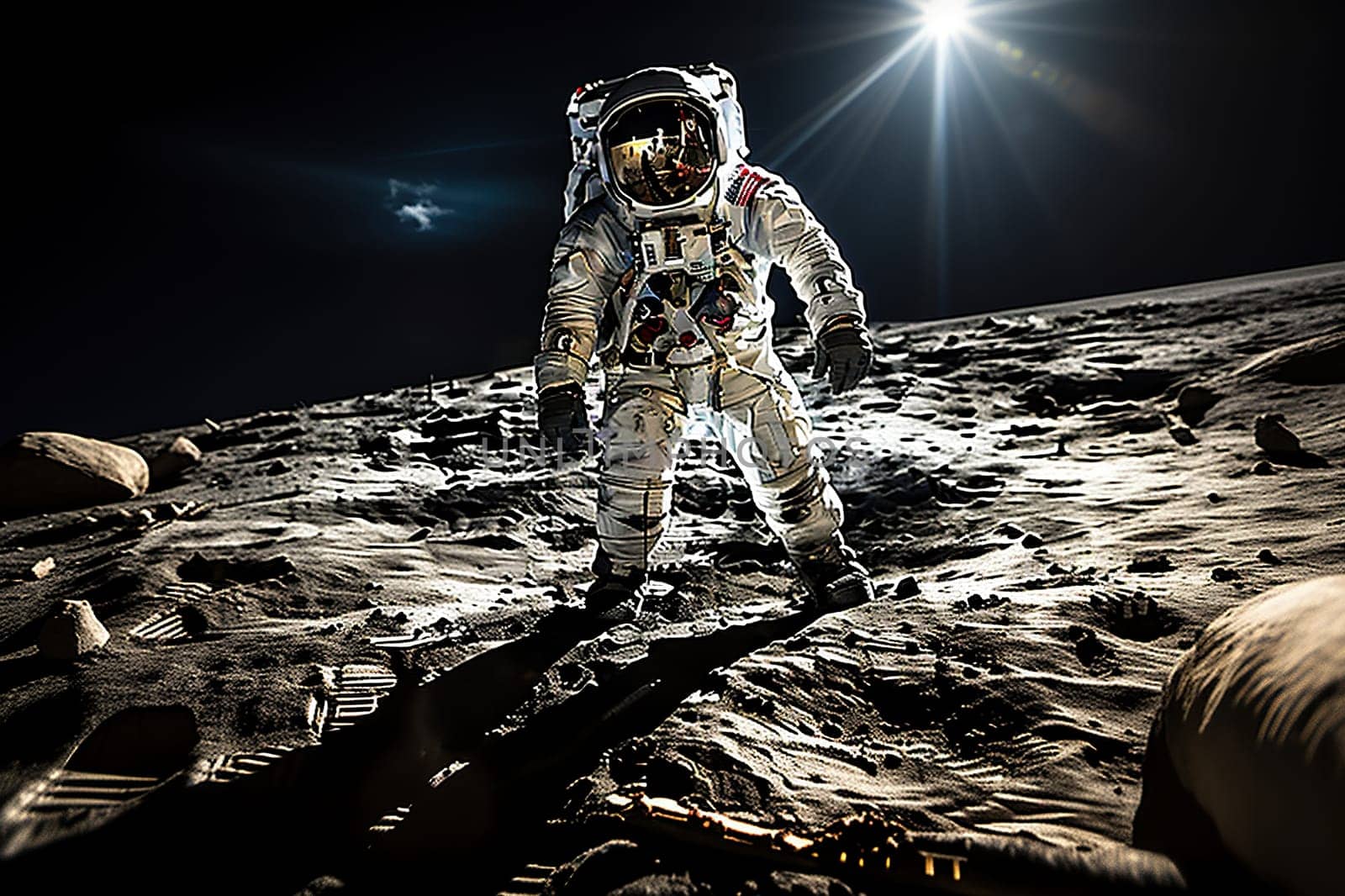 An astronaut in a spacesuit on the surface of the Moon. View from space. Generated by artificial intelligence by Vovmar