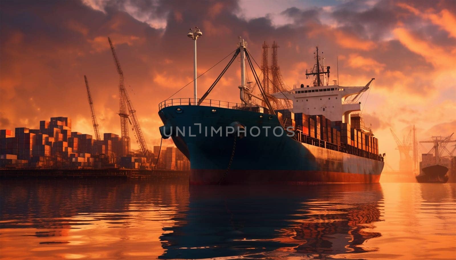 Transport cargo sea ship loading containers by harbor crane in shipping port illustration. Loading of a load in seaport business