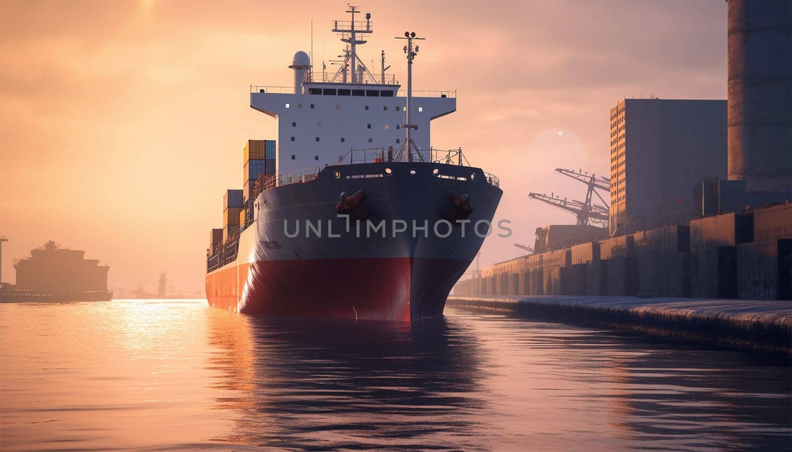 Transport cargo sea ship loading containers by harbor crane in shipping port illustration. Loading of a load in seaport business