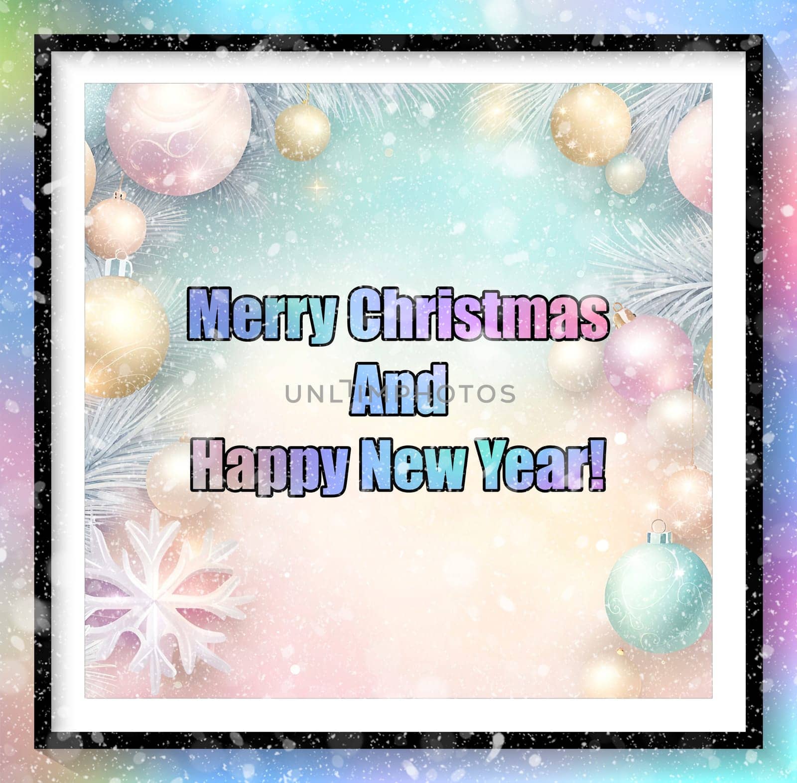 Merry Christmas and Happy New Year greeting card. Christmas greeting card with text Merry Christmas and Happy New Year.