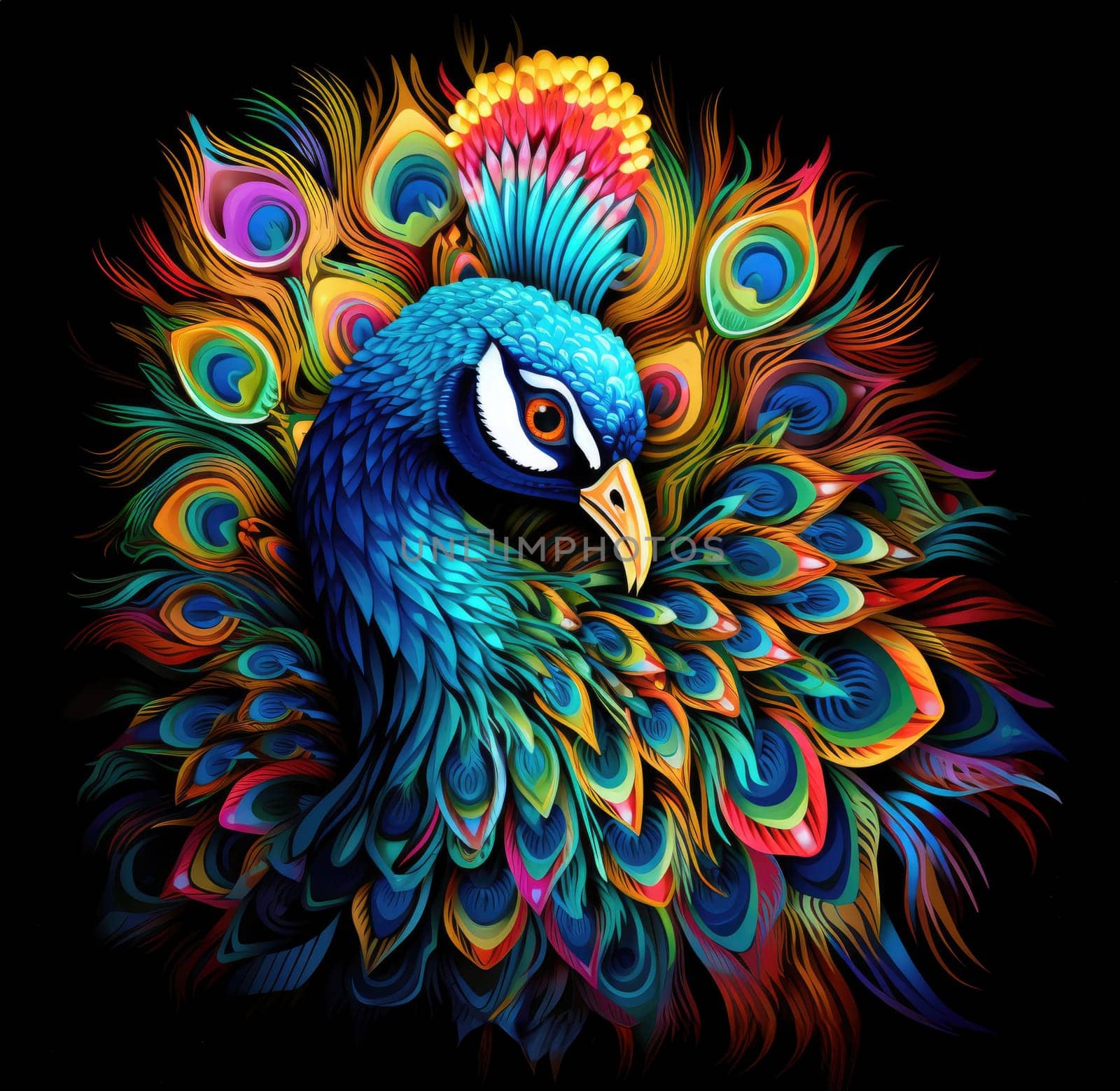 Portrait of a beautiful peacock with loose feathers in the form of colourful patterns in decorative art style by palinchak