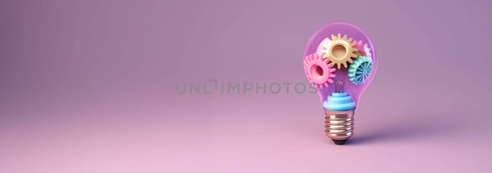 Light bulb and gears 3d render. Innovation concept. Insight icon isolated on pastel background. 3D Illustration. Pink,purple and blue. Glow Idea,teamwork,brainstorming design Space for text