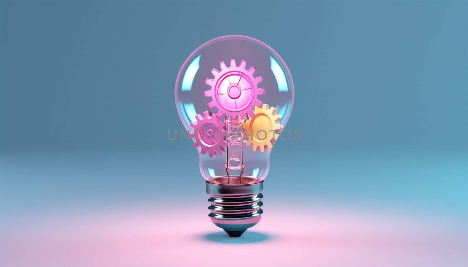 Light bulb and gears 3d render. Innovation concept. Insight icon isolated on pastel background. 3D Illustration. Pink,purple and blue. Glow Idea,teamwork,brainstorming design by Annebel146