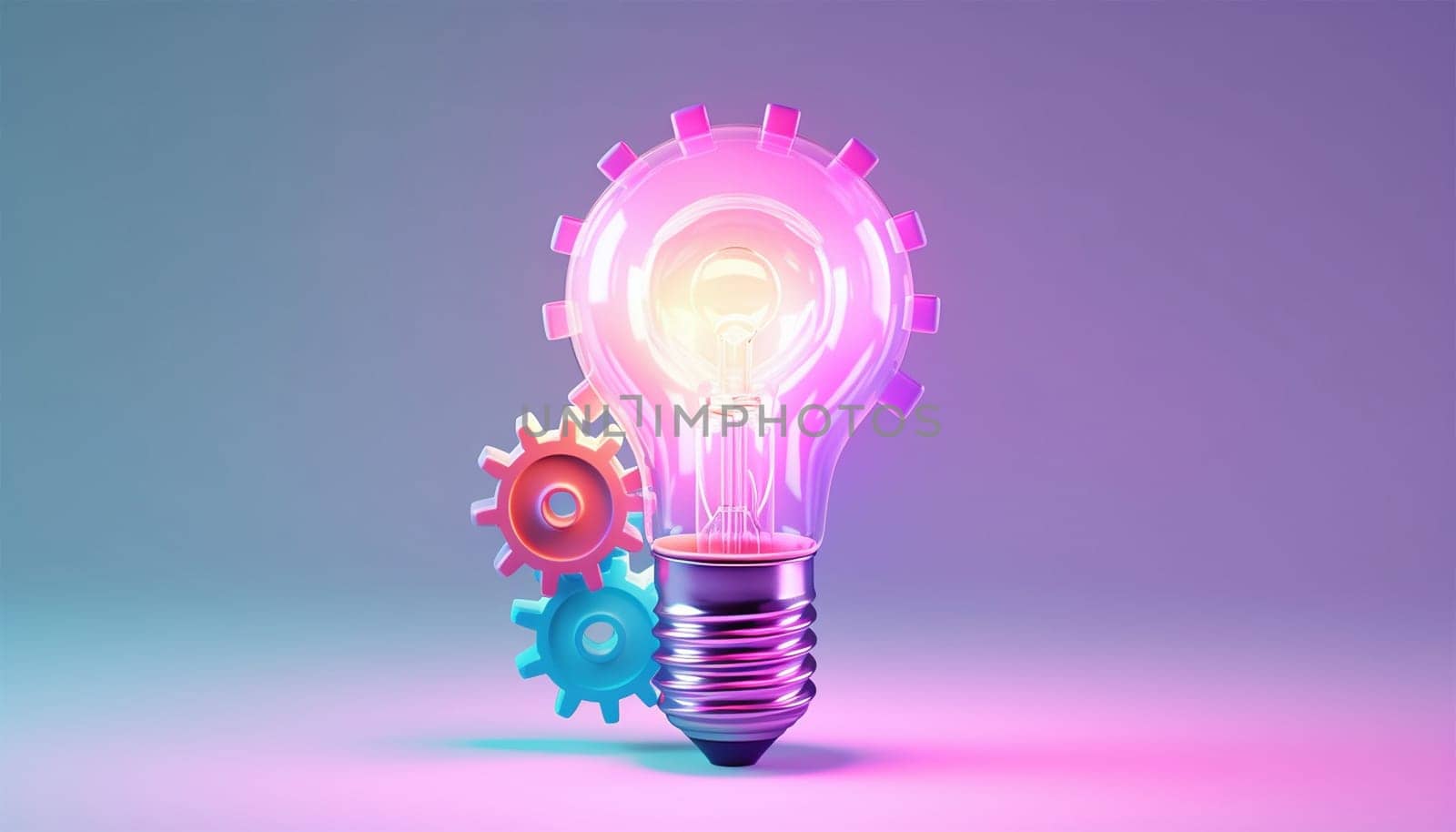 Light bulb and gears 3d render. Innovation concept. Insight icon isolated on pastel background. 3D Illustration. Pink,purple and blue. Glow Idea,teamwork,brainstorming design by Annebel146